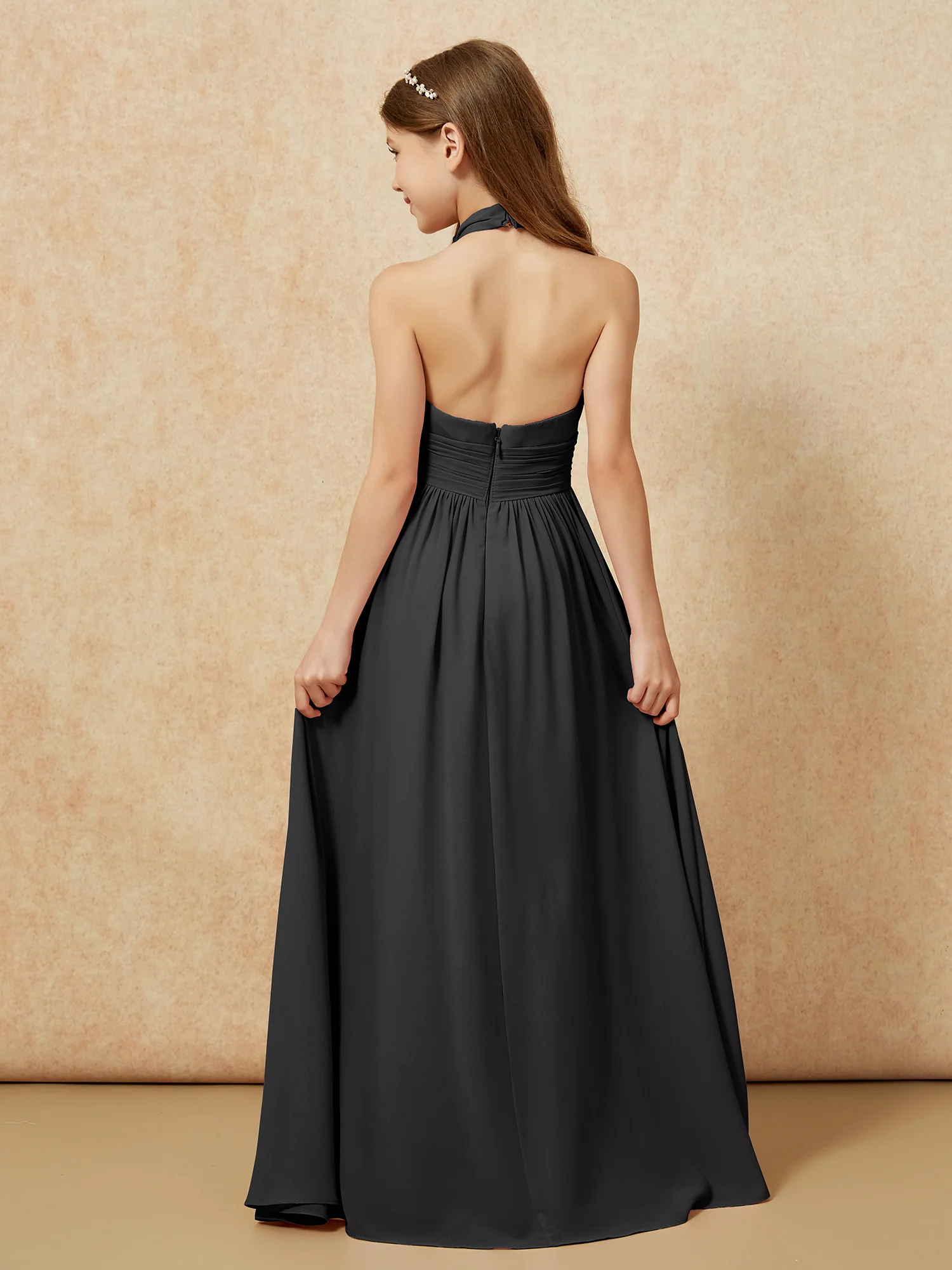 Halter Backless Chiffon Long Junior Bridesmaid Dress Black - Image 2