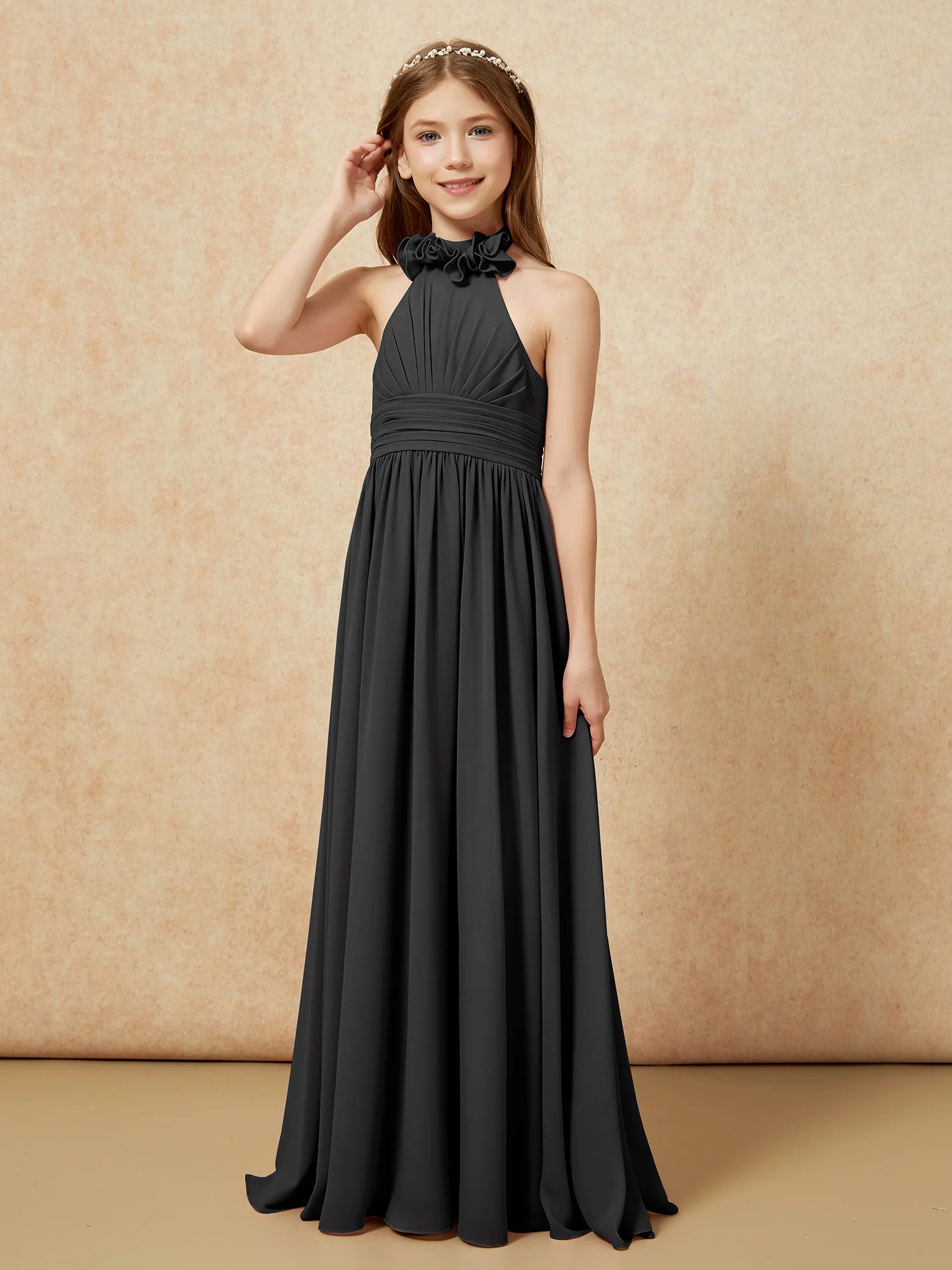 Halter Backless Chiffon Long Junior Bridesmaid Dress Black - Image 3