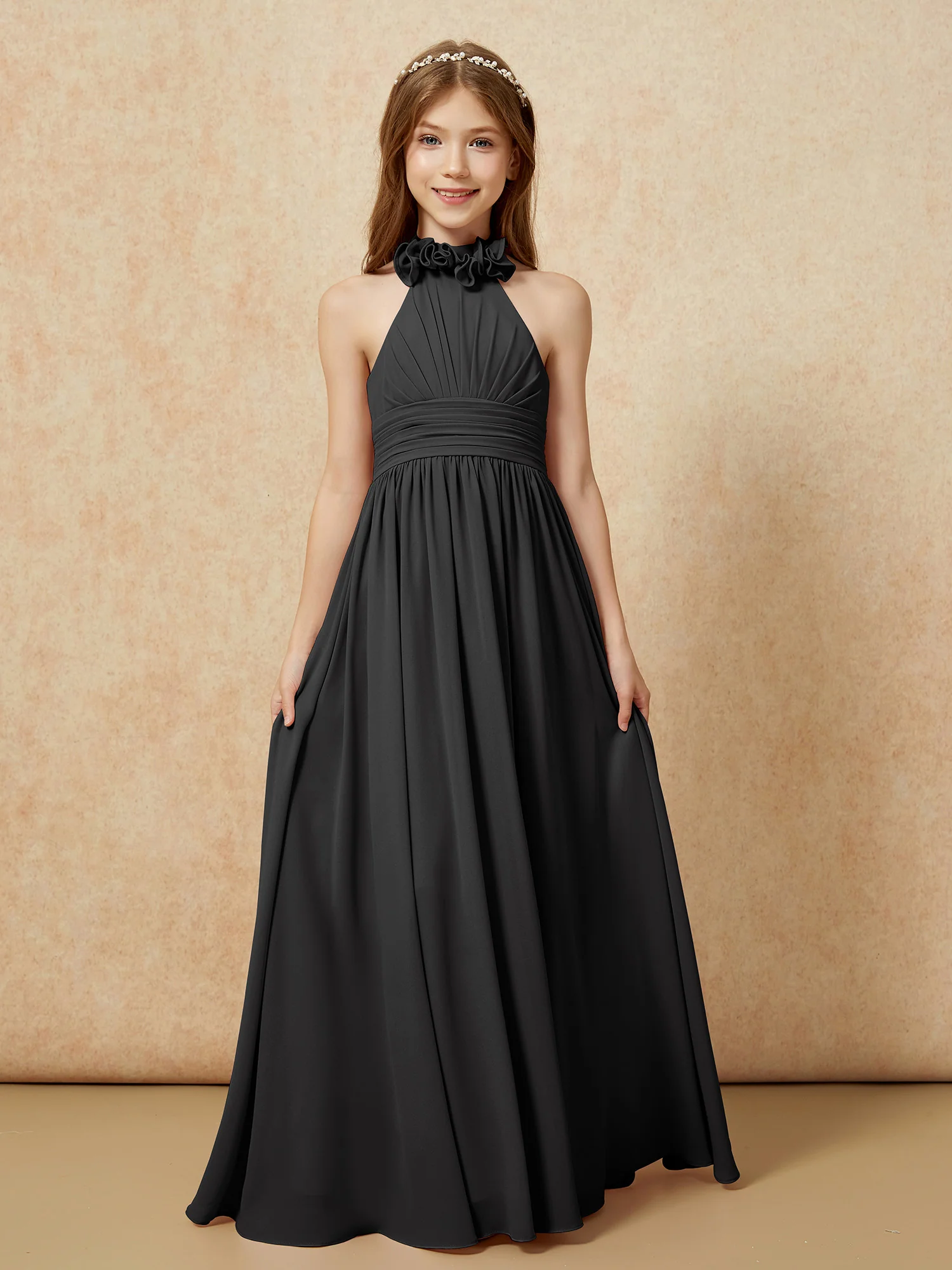 Halter Backless Chiffon Long Junior Bridesmaid Dress Black - Image 4