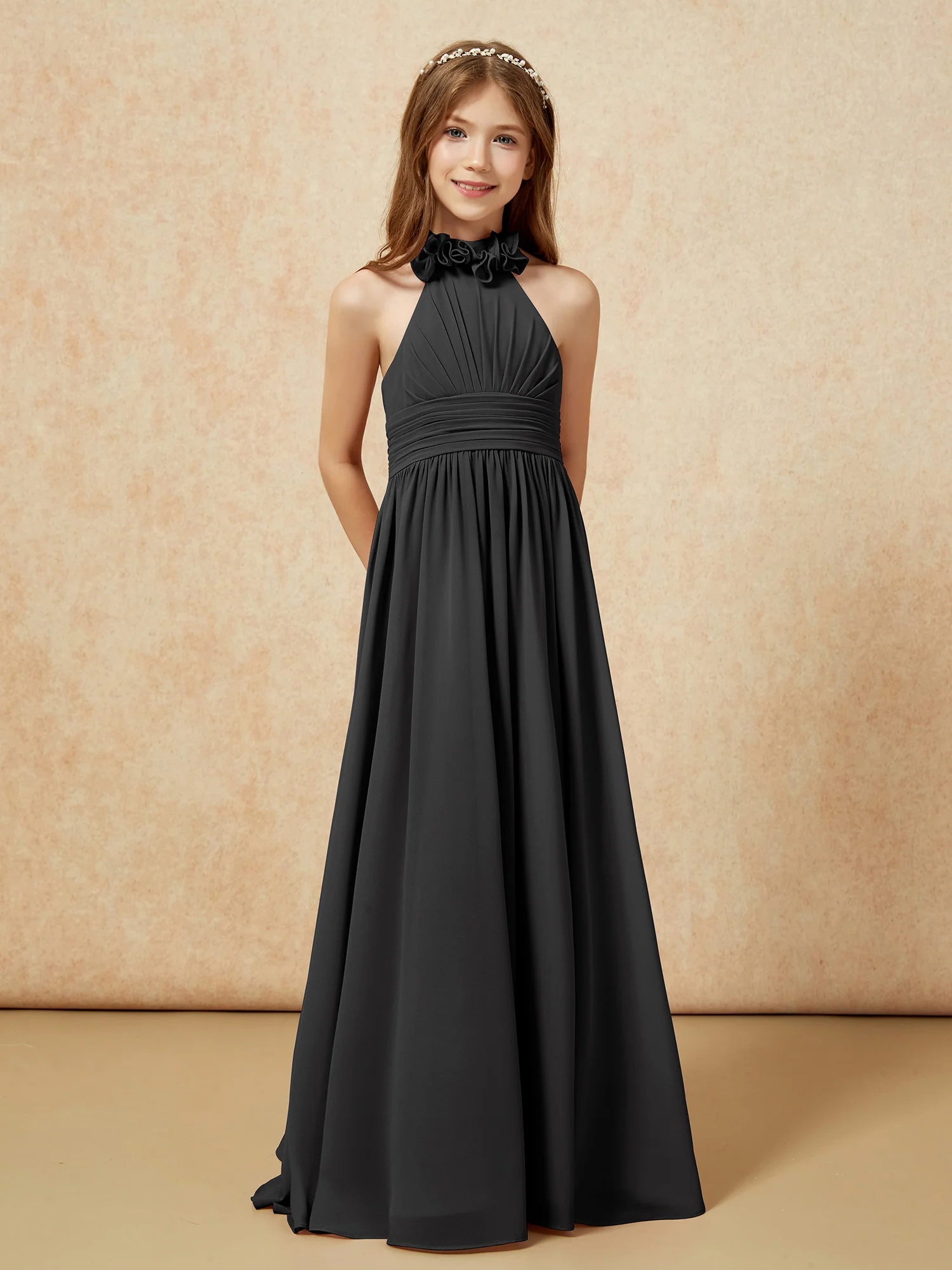 Halter Backless Chiffon Long Junior Bridesmaid Dress Black - Image 5
