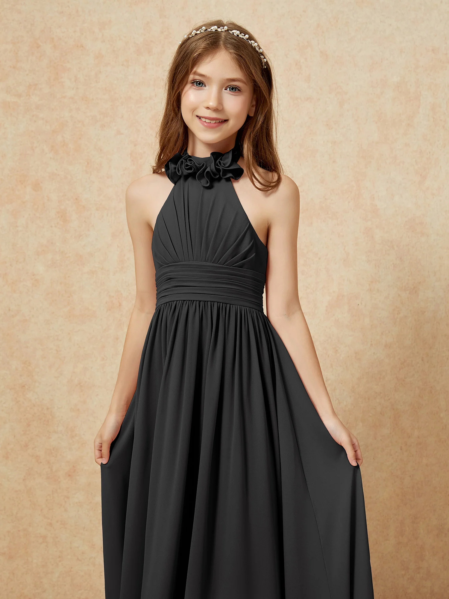 Halter Backless Chiffon Long Junior Bridesmaid Dress Black - Image 6
