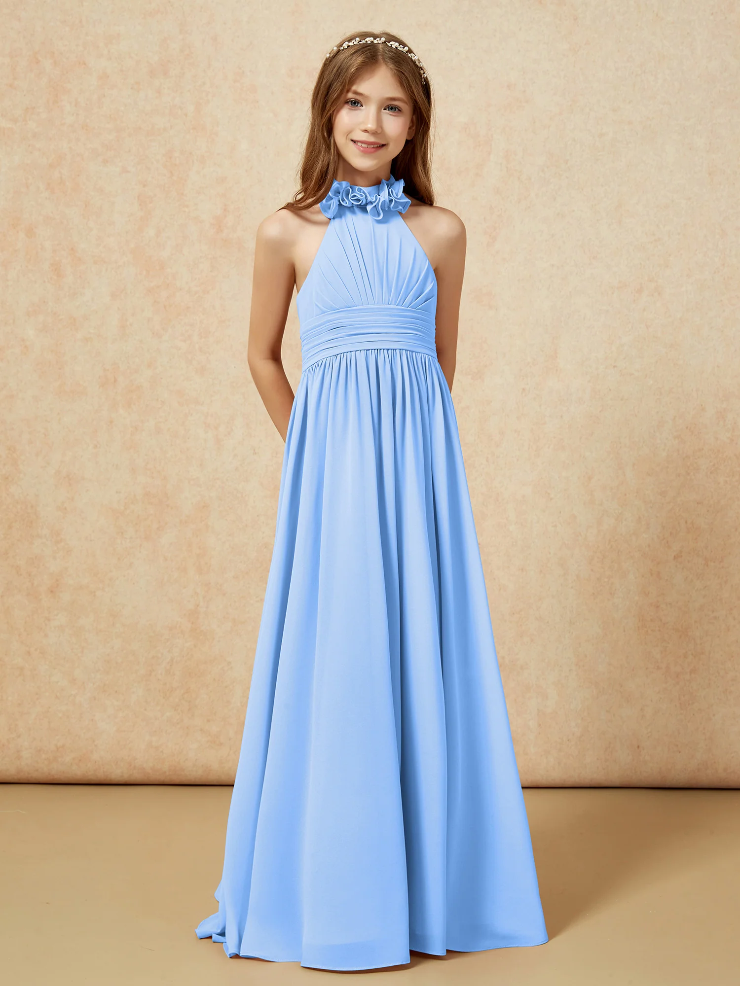 Halter Backless Chiffon Long Junior Bridesmaid Dress Blue - Image 5