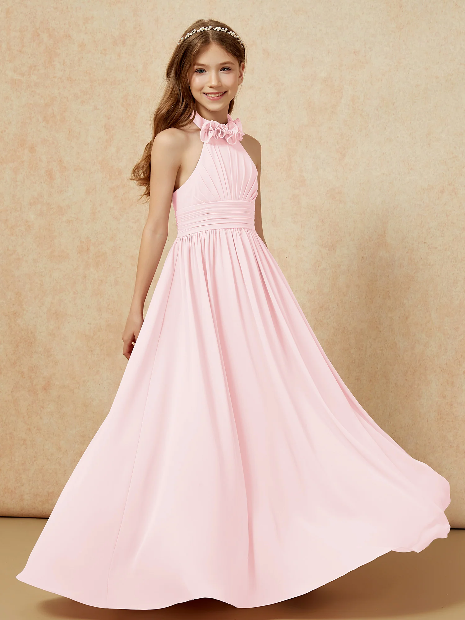 Halter Backless Chiffon Long Junior Bridesmaid Dress Blushing Pink