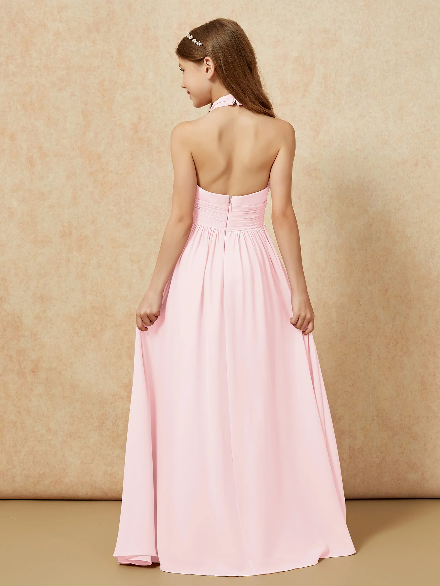 Halter Backless Chiffon Long Junior Bridesmaid Dress Blushing Pink - Image 2