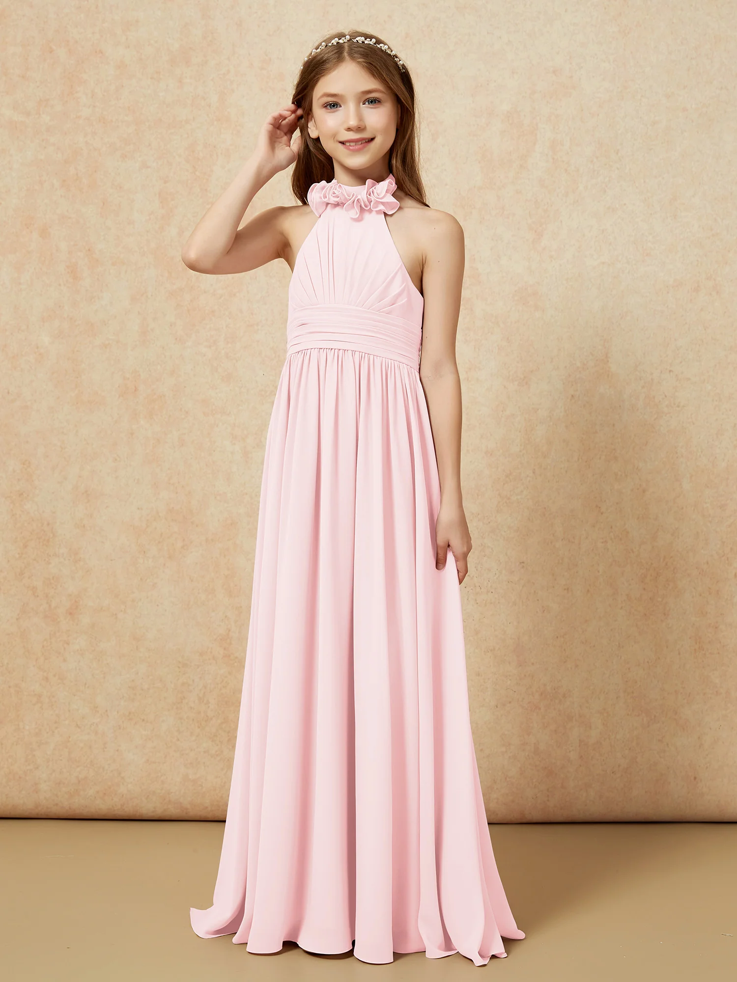 Halter Backless Chiffon Long Junior Bridesmaid Dress Blushing Pink - Image 3