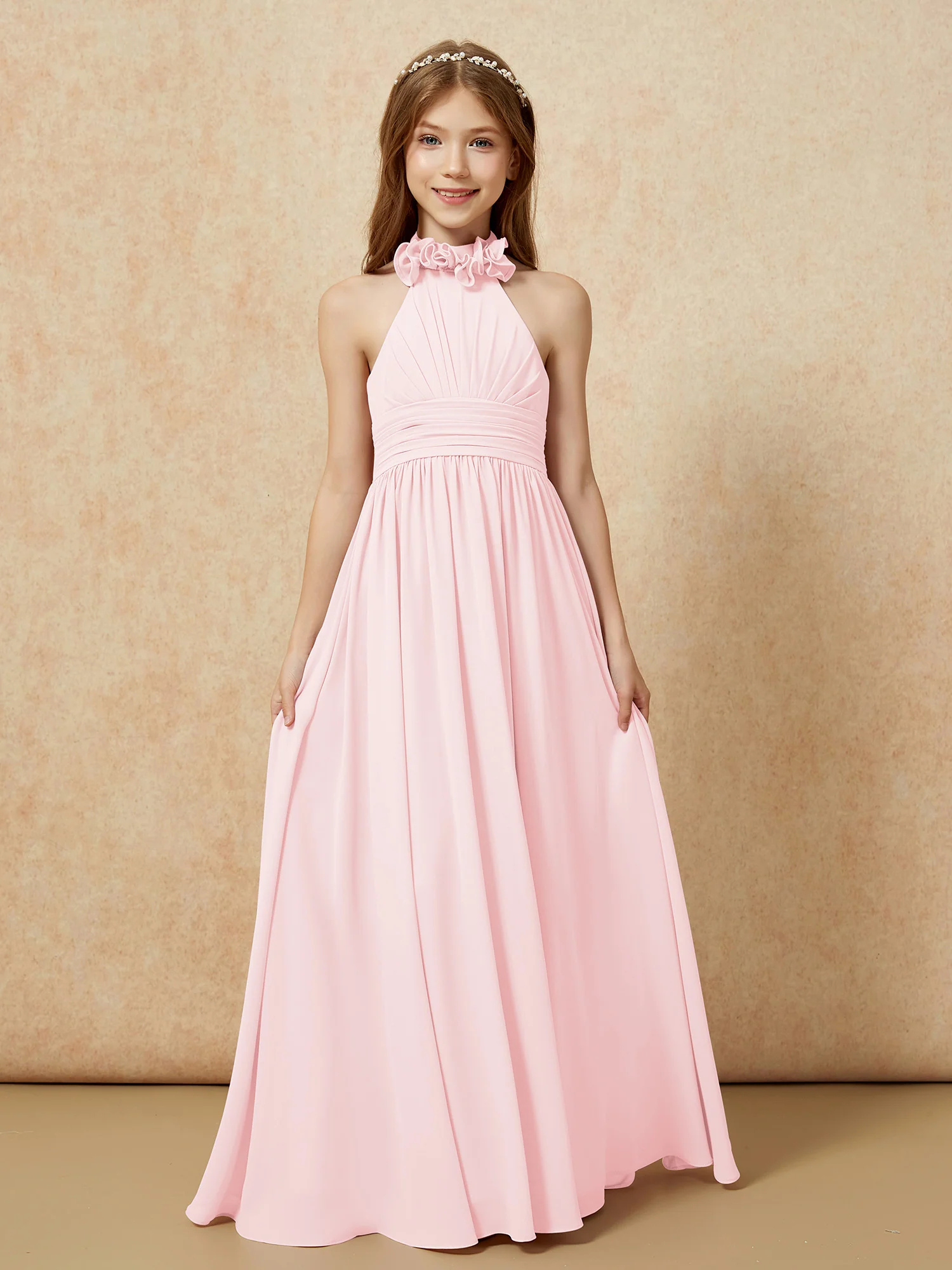 Halter Backless Chiffon Long Junior Bridesmaid Dress Blushing Pink - Image 4