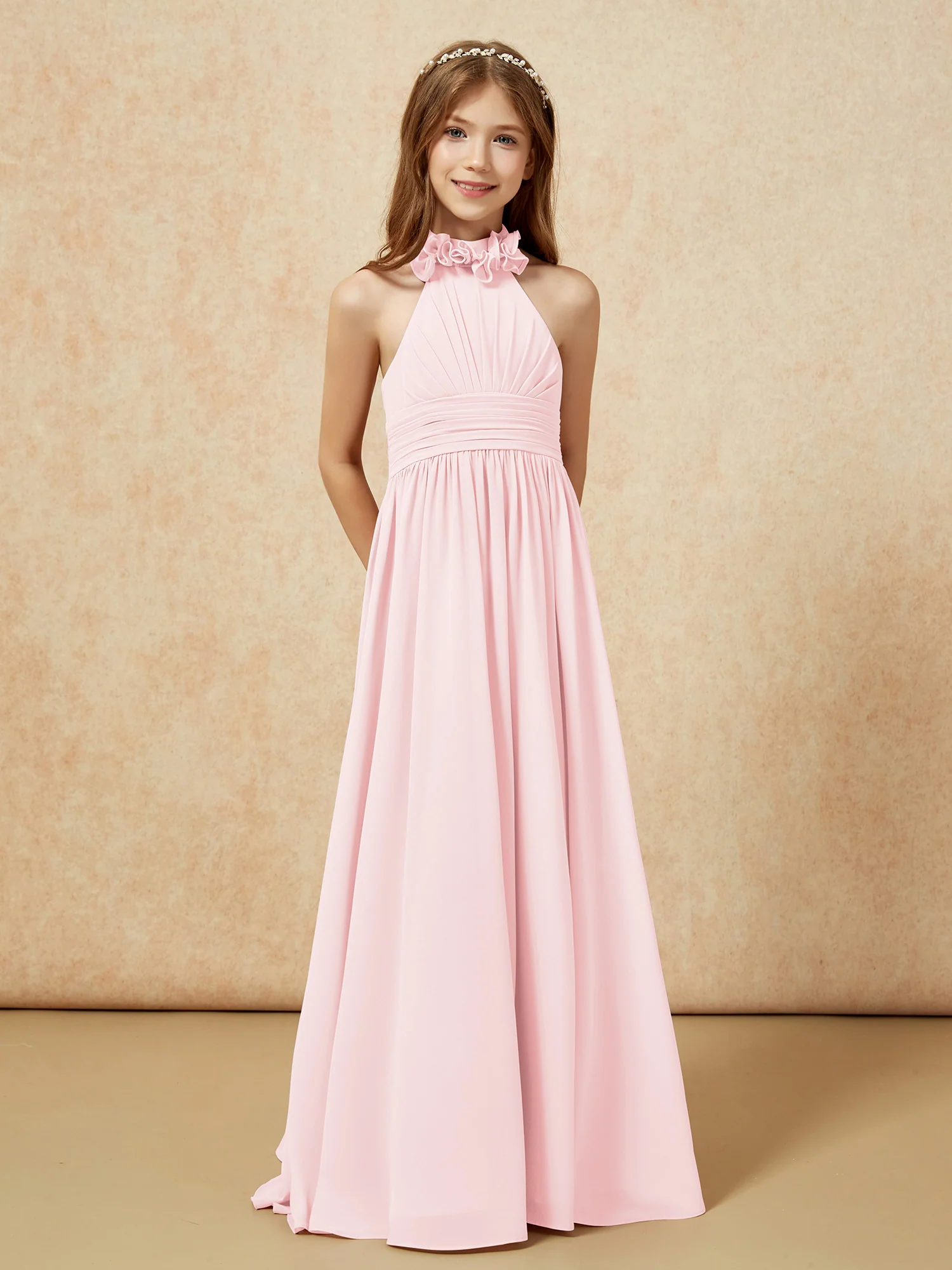 Halter Backless Chiffon Long Junior Bridesmaid Dress Blushing Pink - Image 5