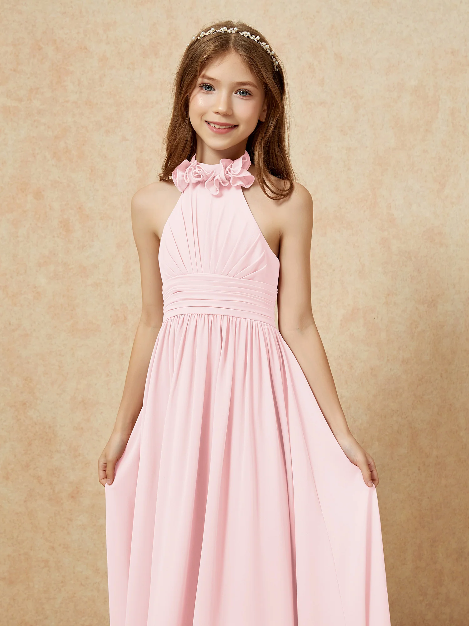 Halter Backless Chiffon Long Junior Bridesmaid Dress Blushing Pink - Image 6