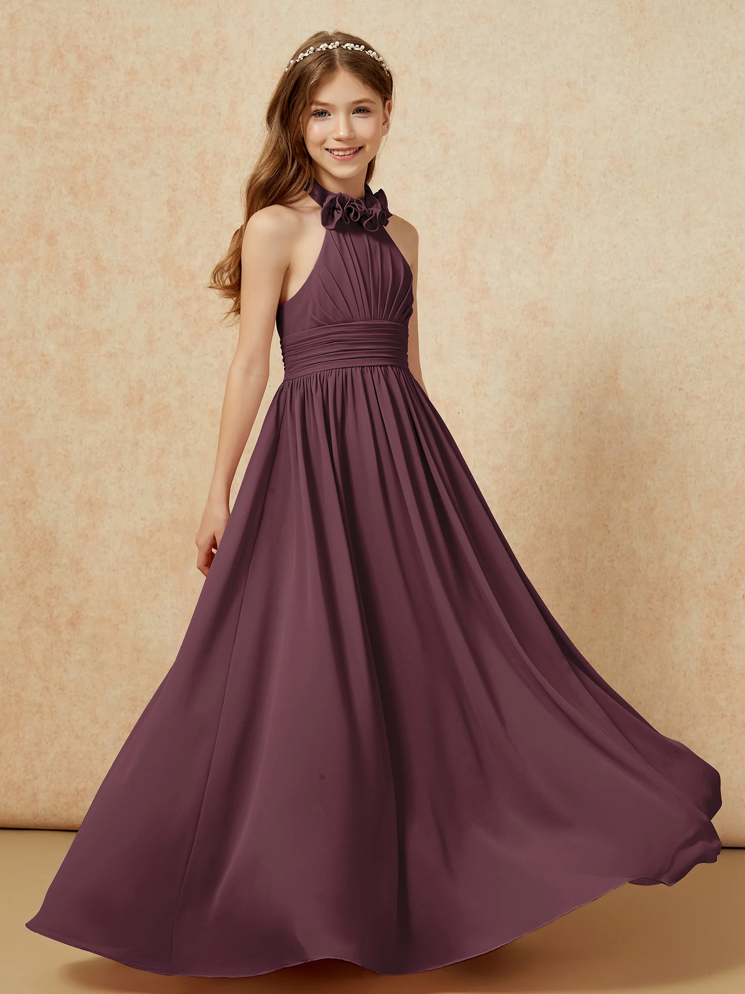 Halter Backless Chiffon Long Junior Bridesmaid Dress Cabernet
