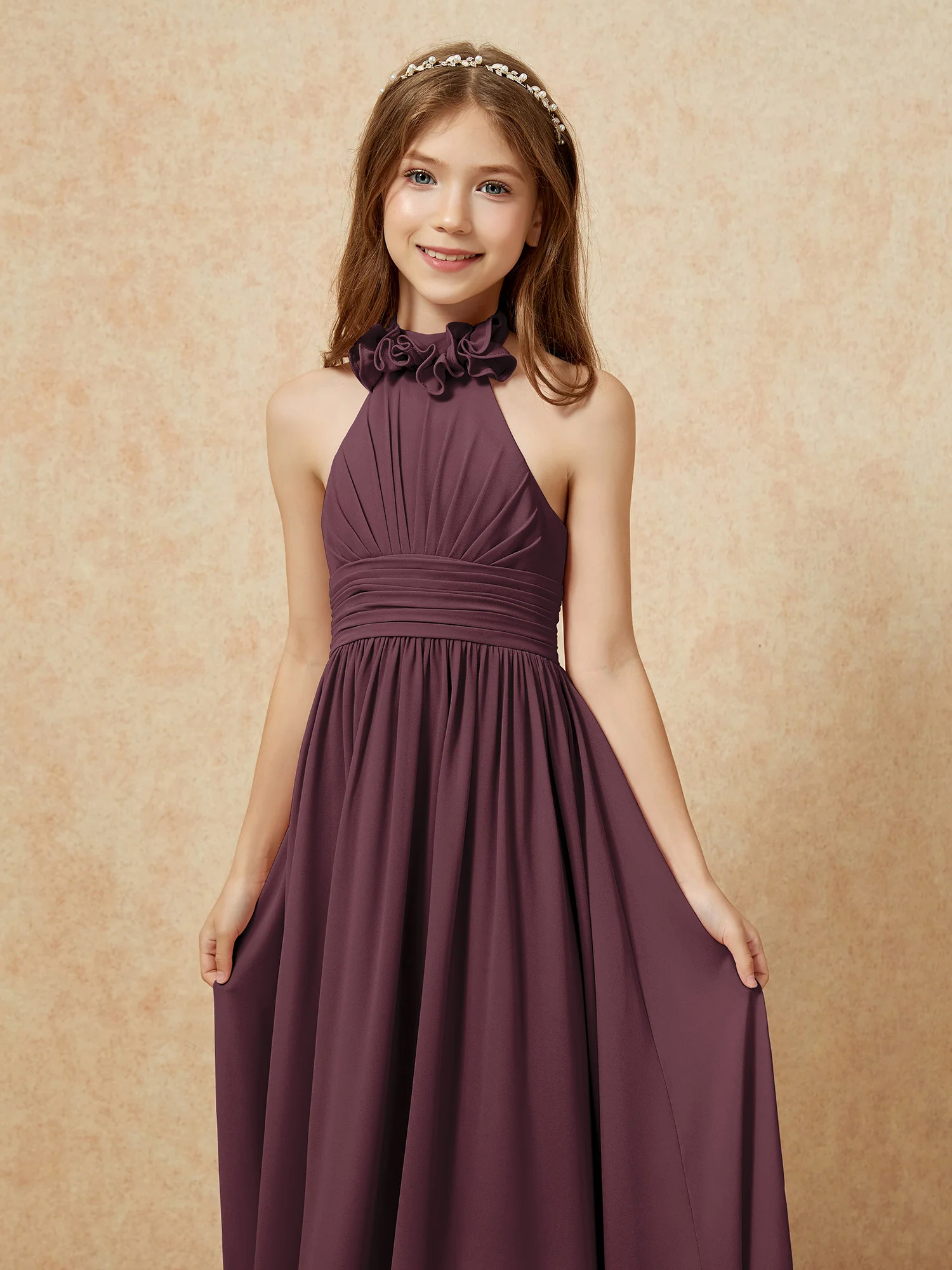 Halter Backless Chiffon Long Junior Bridesmaid Dress Cabernet - Image 6