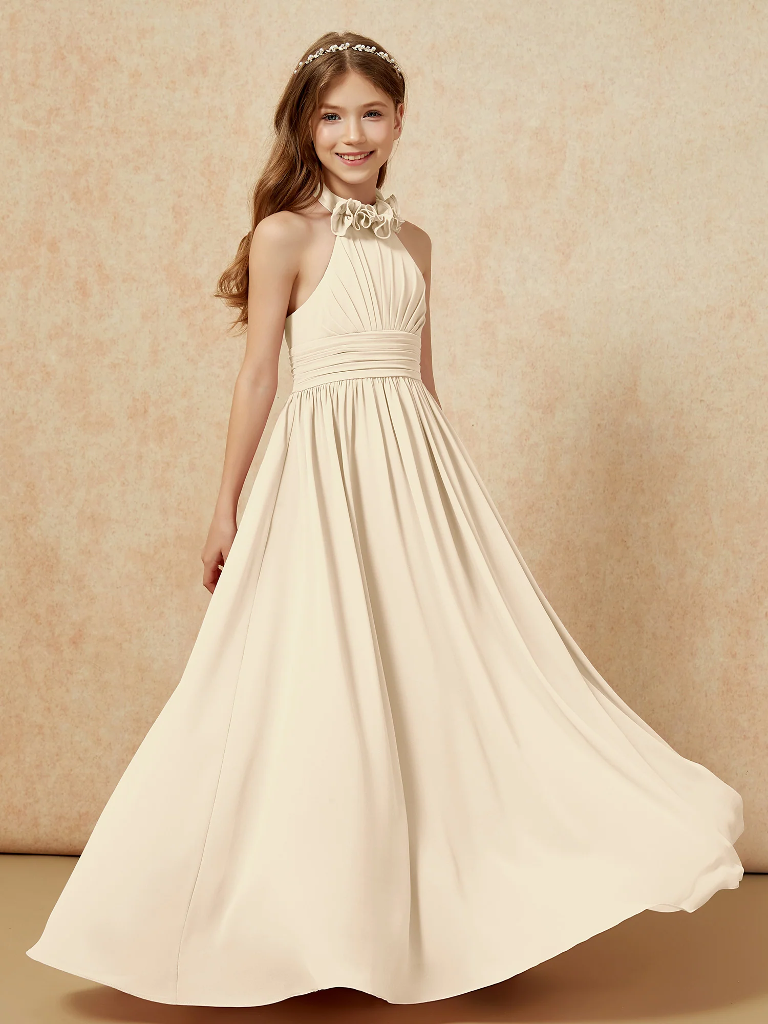 Halter Backless Chiffon Long Junior Bridesmaid Dress Champagne