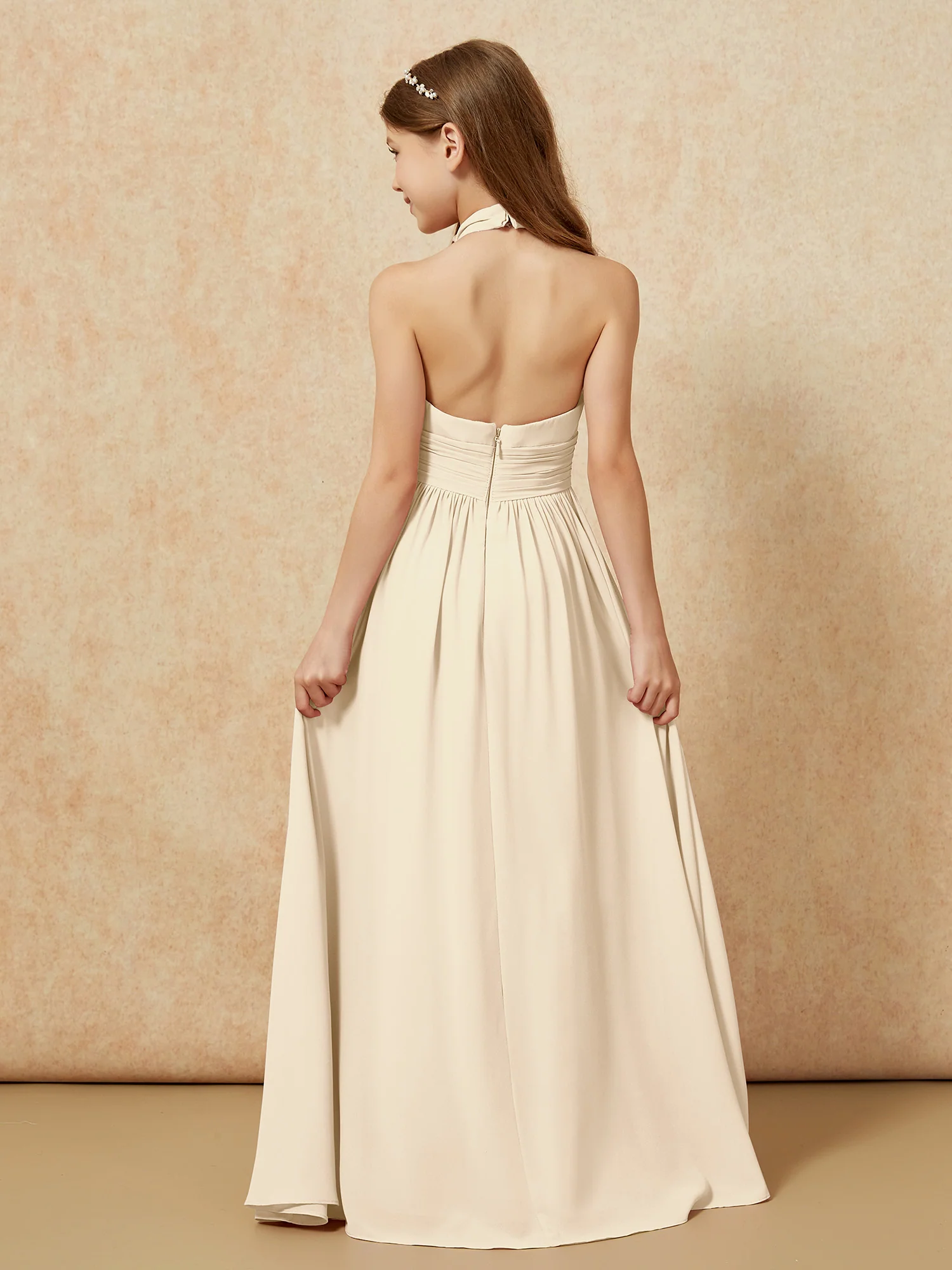 Halter Backless Chiffon Long Junior Bridesmaid Dress Champagne - Image 2