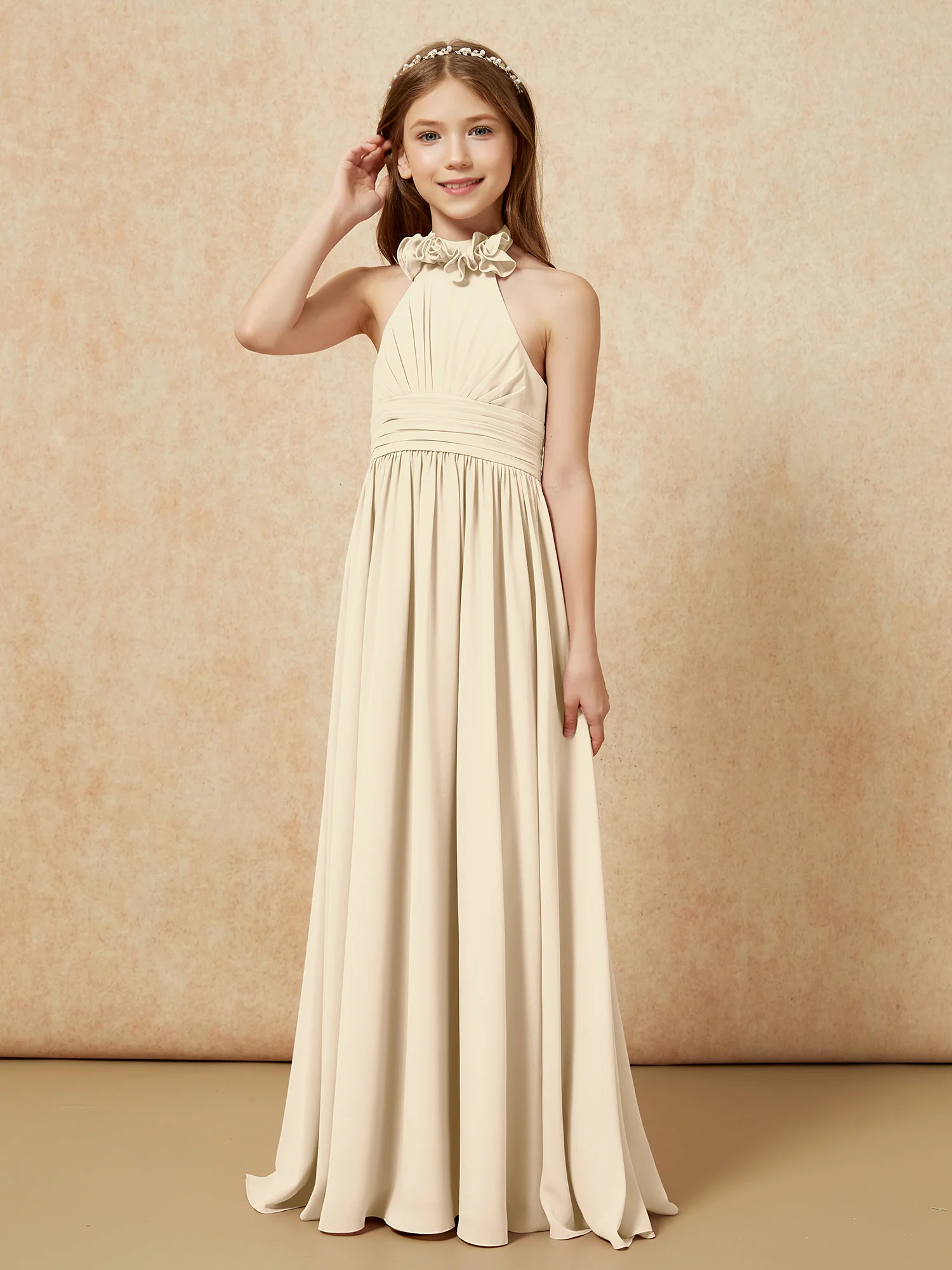 Halter Backless Chiffon Long Junior Bridesmaid Dress Champagne - Image 3