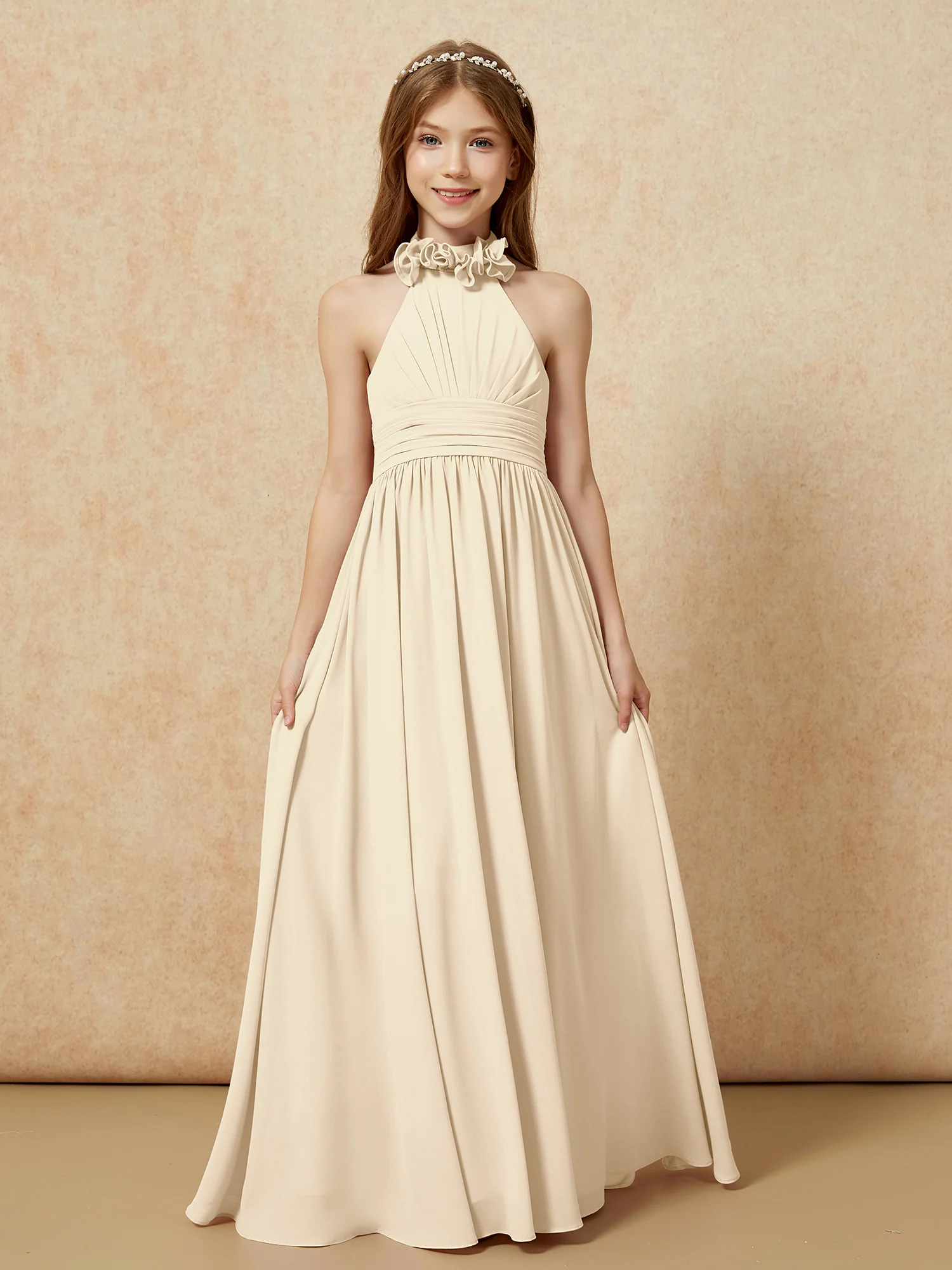 Halter Backless Chiffon Long Junior Bridesmaid Dress Champagne - Image 4