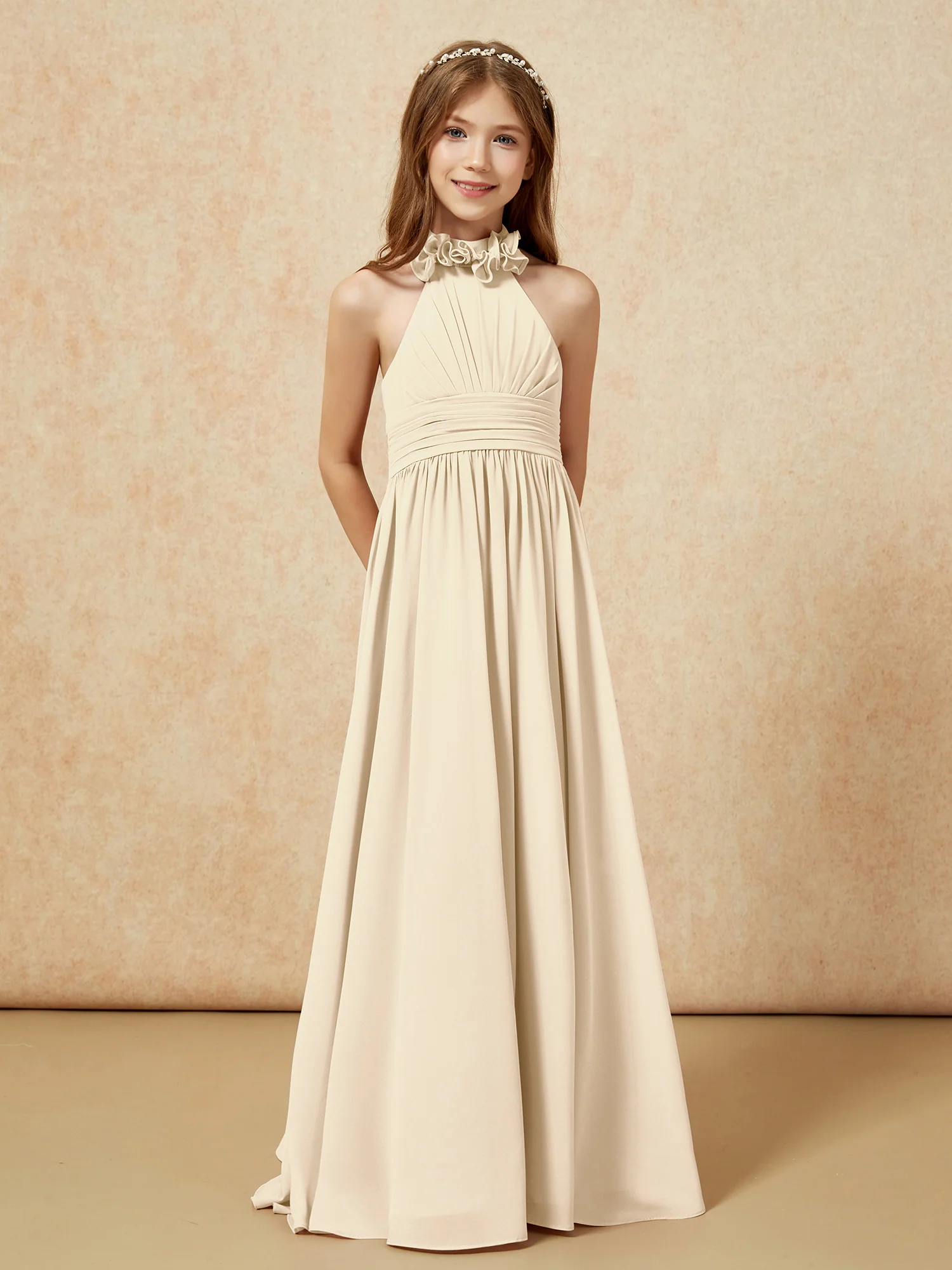 Halter Backless Chiffon Long Junior Bridesmaid Dress Champagne - Image 5