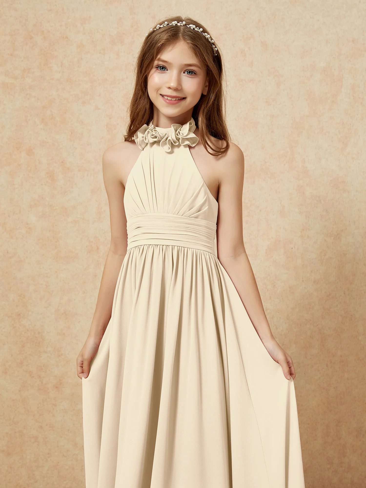 Halter Backless Chiffon Long Junior Bridesmaid Dress Champagne - Image 6