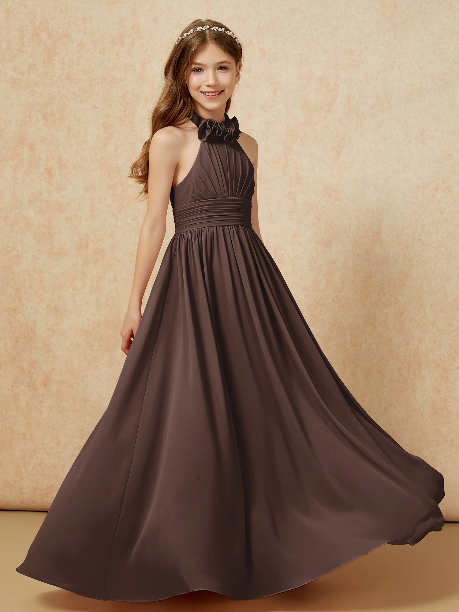 Halter Backless Chiffon Long Junior Bridesmaid Dress Chocolate