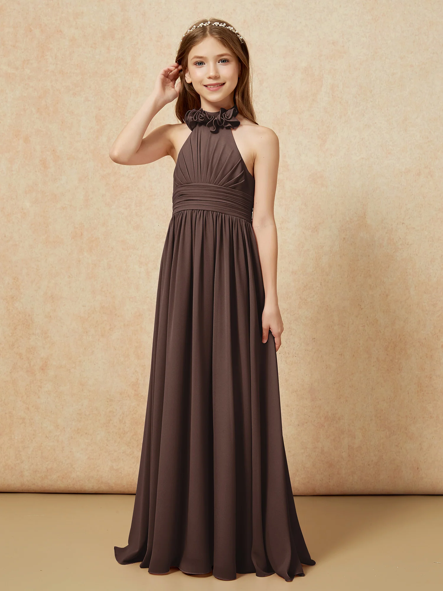 Halter Backless Chiffon Long Junior Bridesmaid Dress Chocolate - Image 3