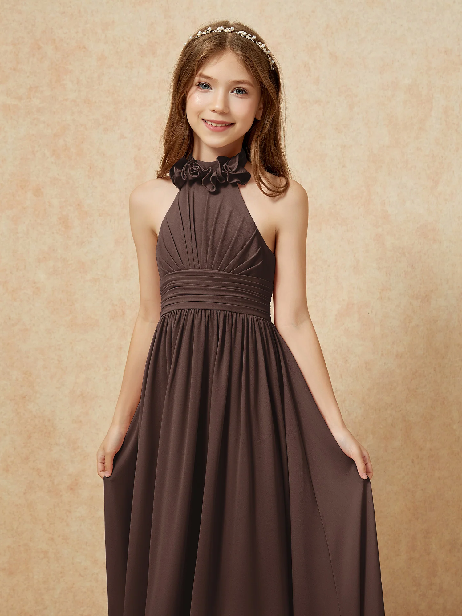 Halter Backless Chiffon Long Junior Bridesmaid Dress Chocolate - Image 6