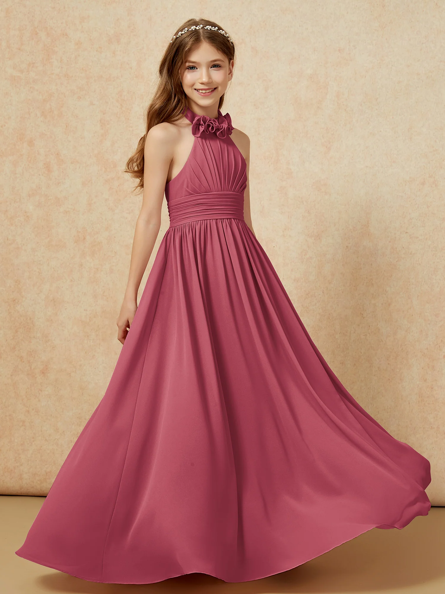 Halter Backless Chiffon Long Junior Bridesmaid Dress Cinnamon Rose