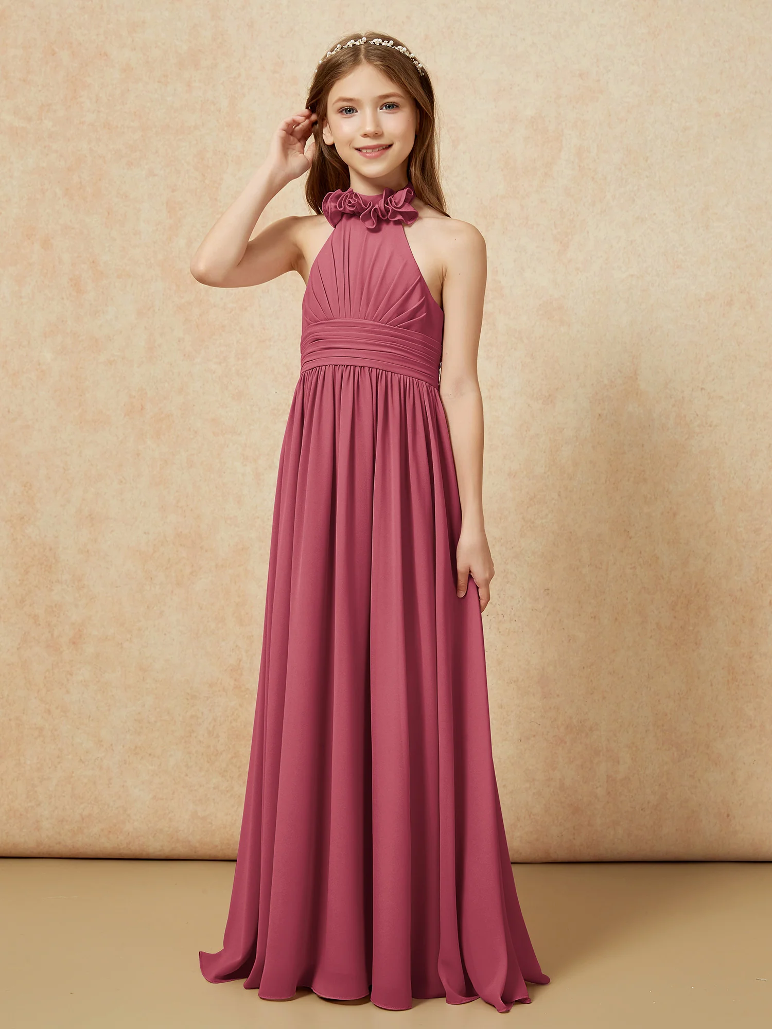 Halter Backless Chiffon Long Junior Bridesmaid Dress Cinnamon Rose - Image 3