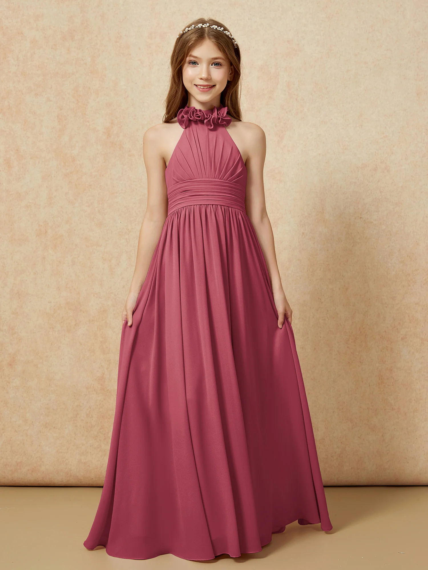 Halter Backless Chiffon Long Junior Bridesmaid Dress Cinnamon Rose - Image 4
