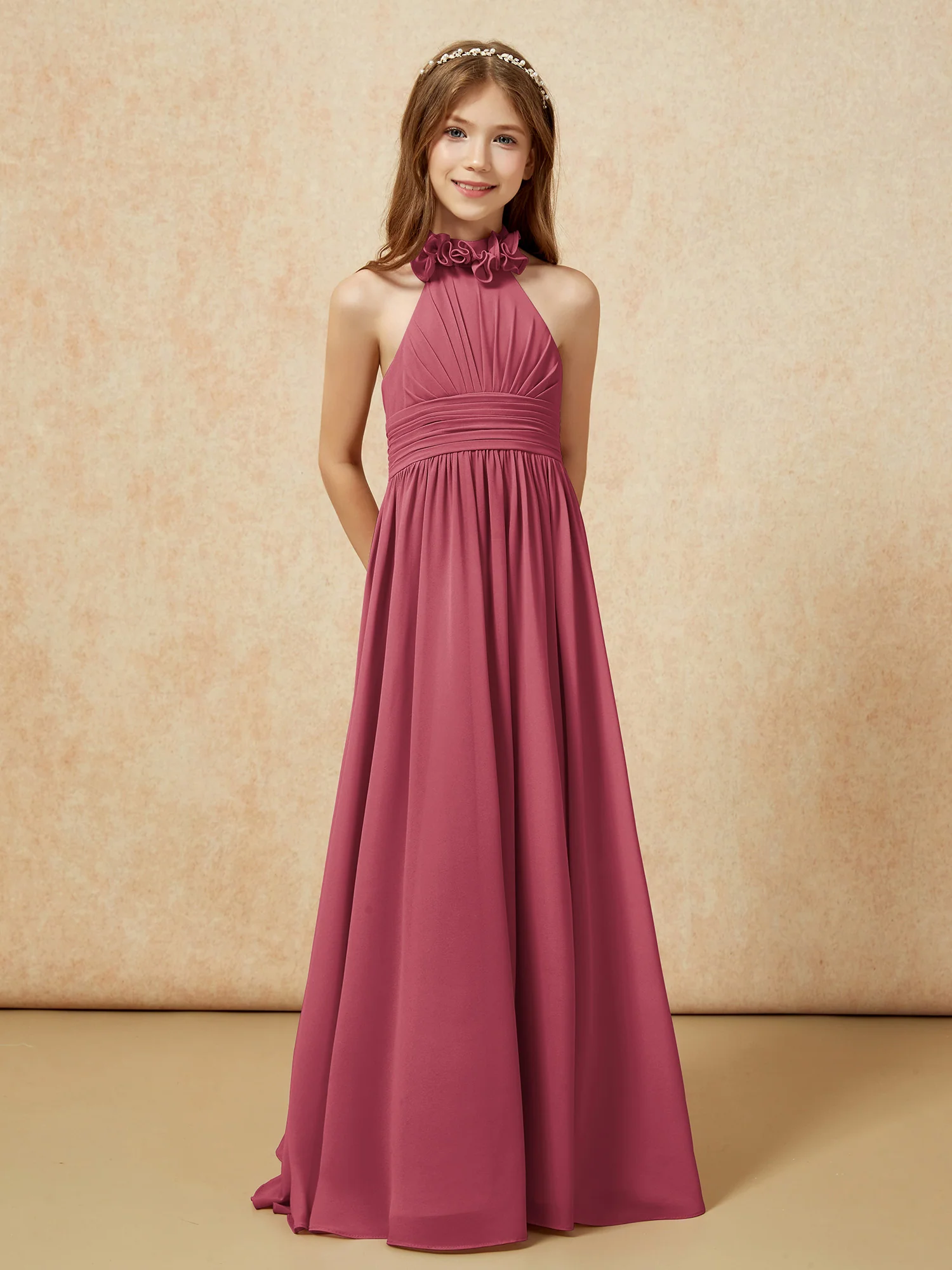 Halter Backless Chiffon Long Junior Bridesmaid Dress Cinnamon Rose - Image 5