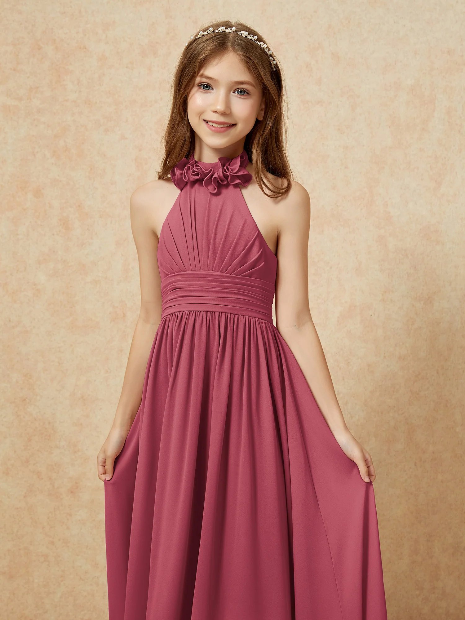 Halter Backless Chiffon Long Junior Bridesmaid Dress Cinnamon Rose - Image 6