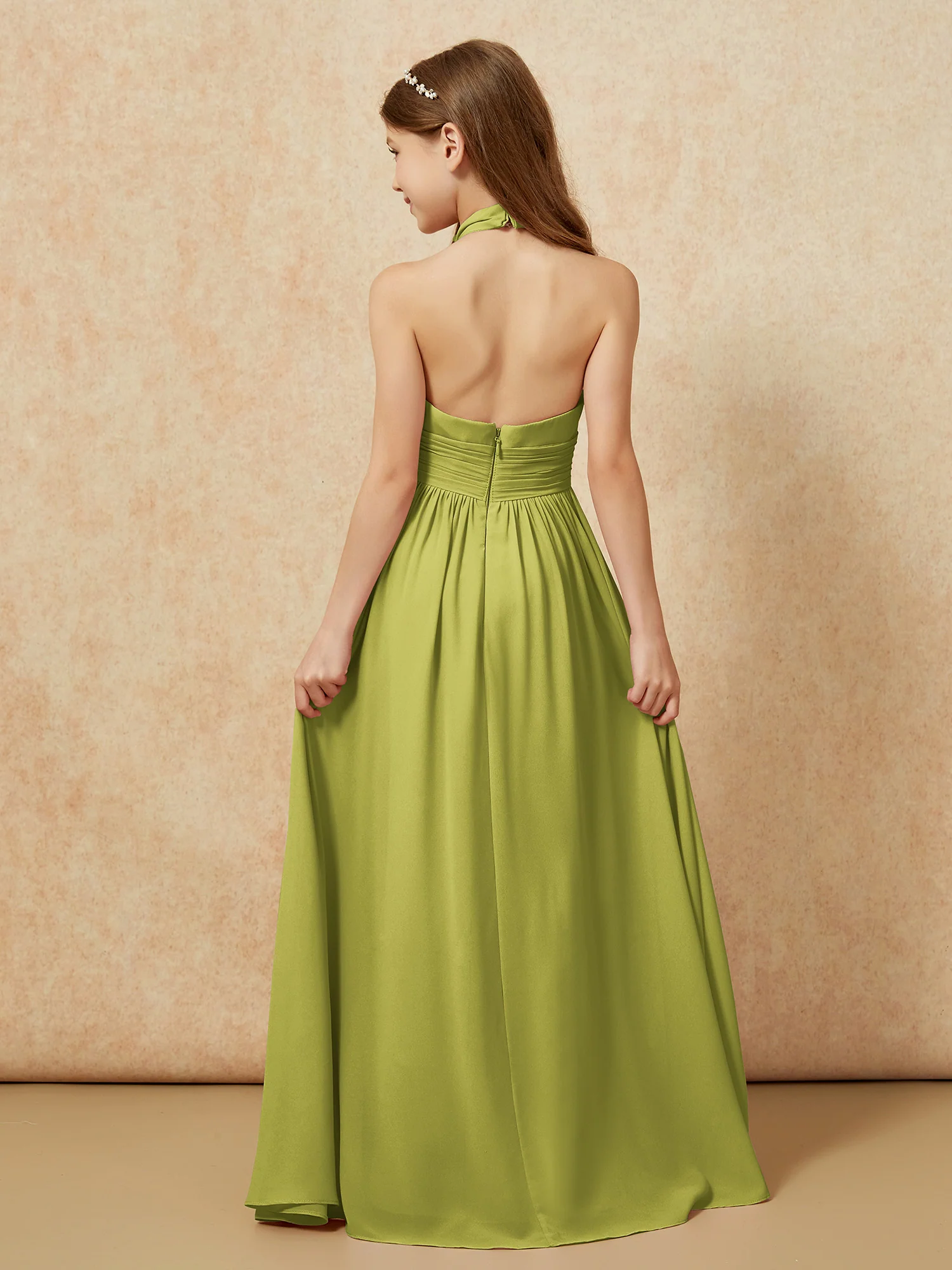 Halter Backless Chiffon Long Junior Bridesmaid Dress Clover - Image 2