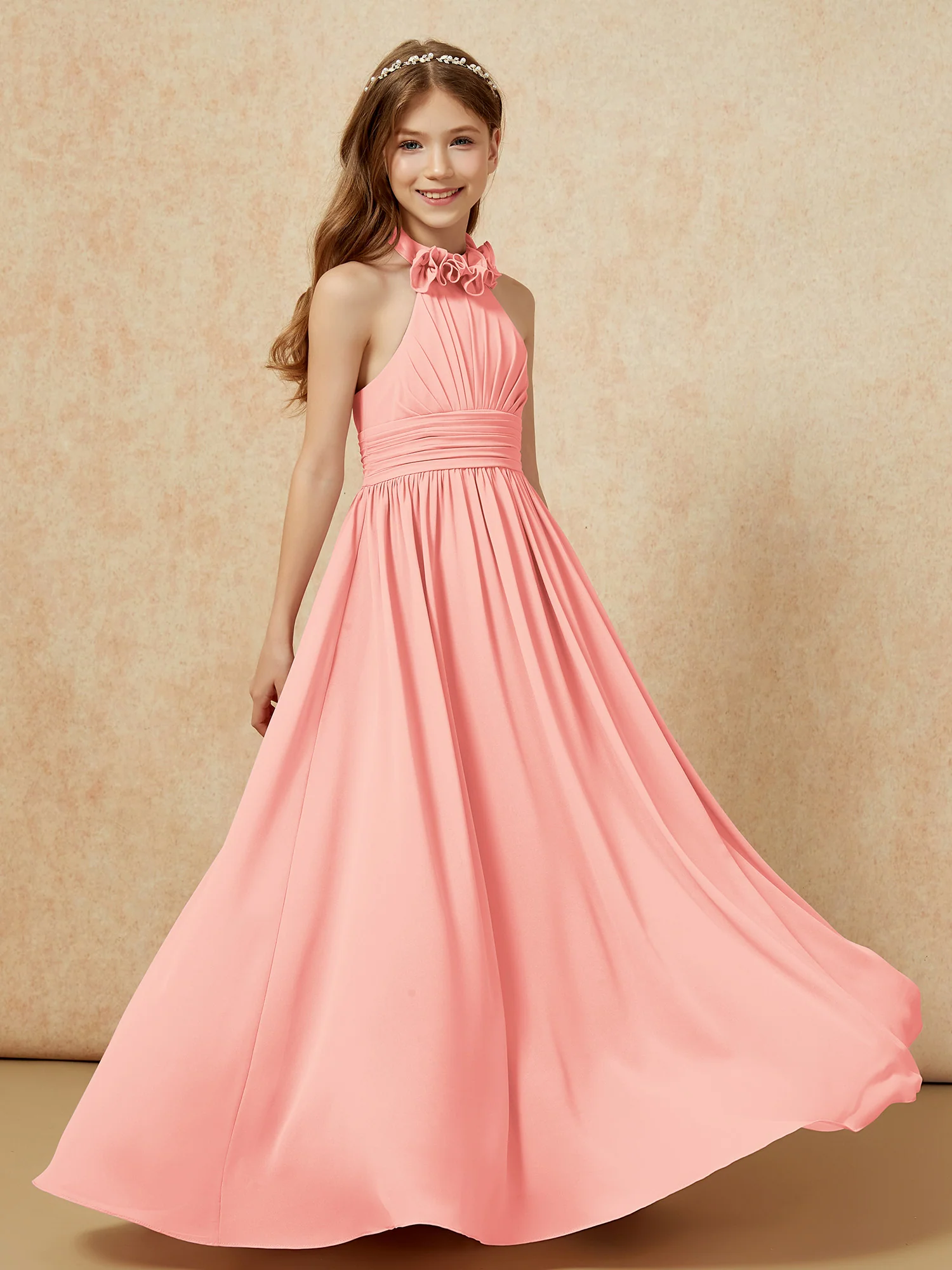 Halter Backless Chiffon Long Junior Bridesmaid Dress Coral