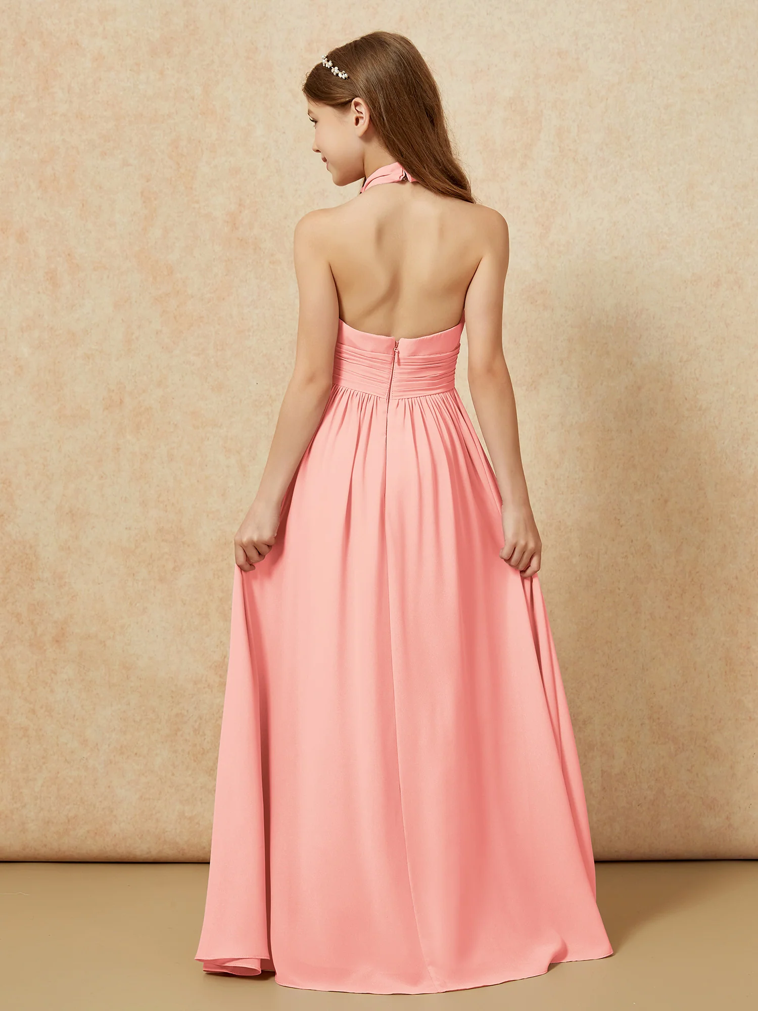 Halter Backless Chiffon Long Junior Bridesmaid Dress Coral - Image 2