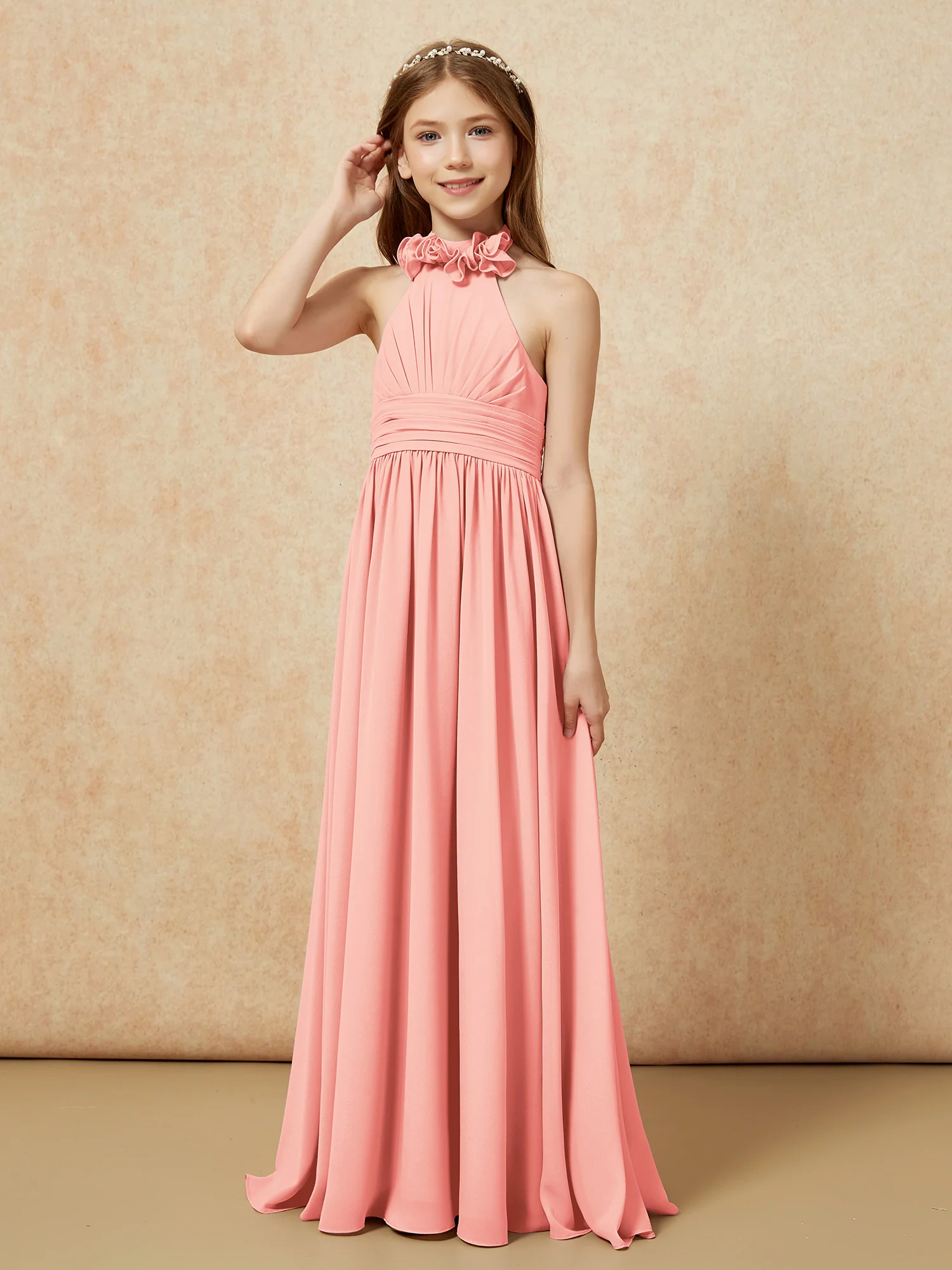 Halter Backless Chiffon Long Junior Bridesmaid Dress Coral - Image 3