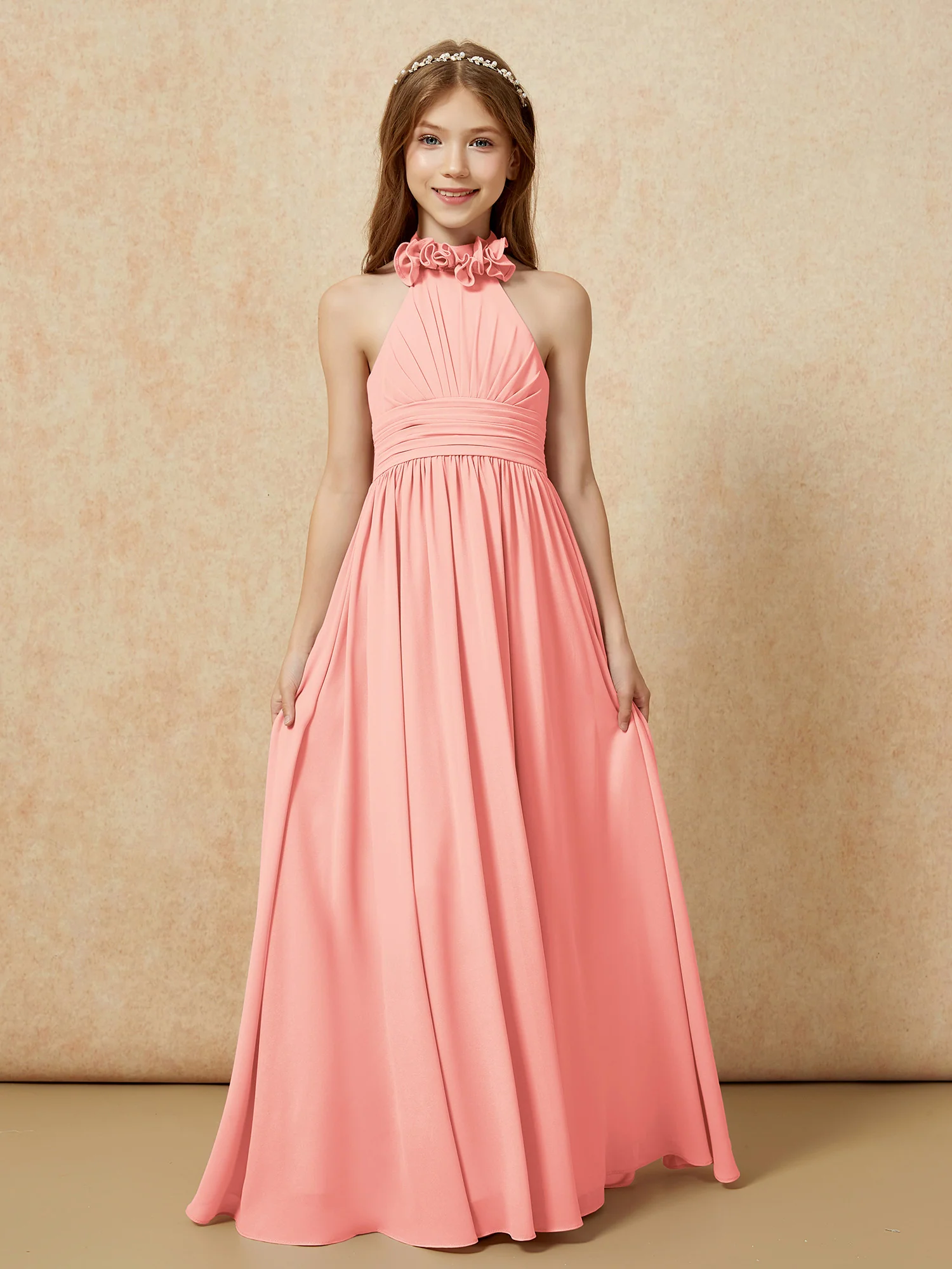 Halter Backless Chiffon Long Junior Bridesmaid Dress Coral - Image 4