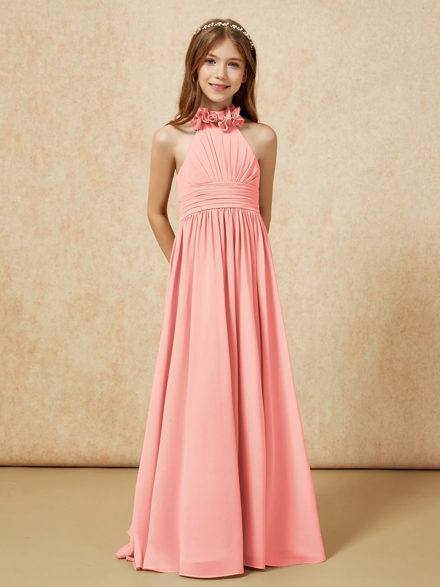 Halter Backless Chiffon Long Junior Bridesmaid Dress Coral - Image 5