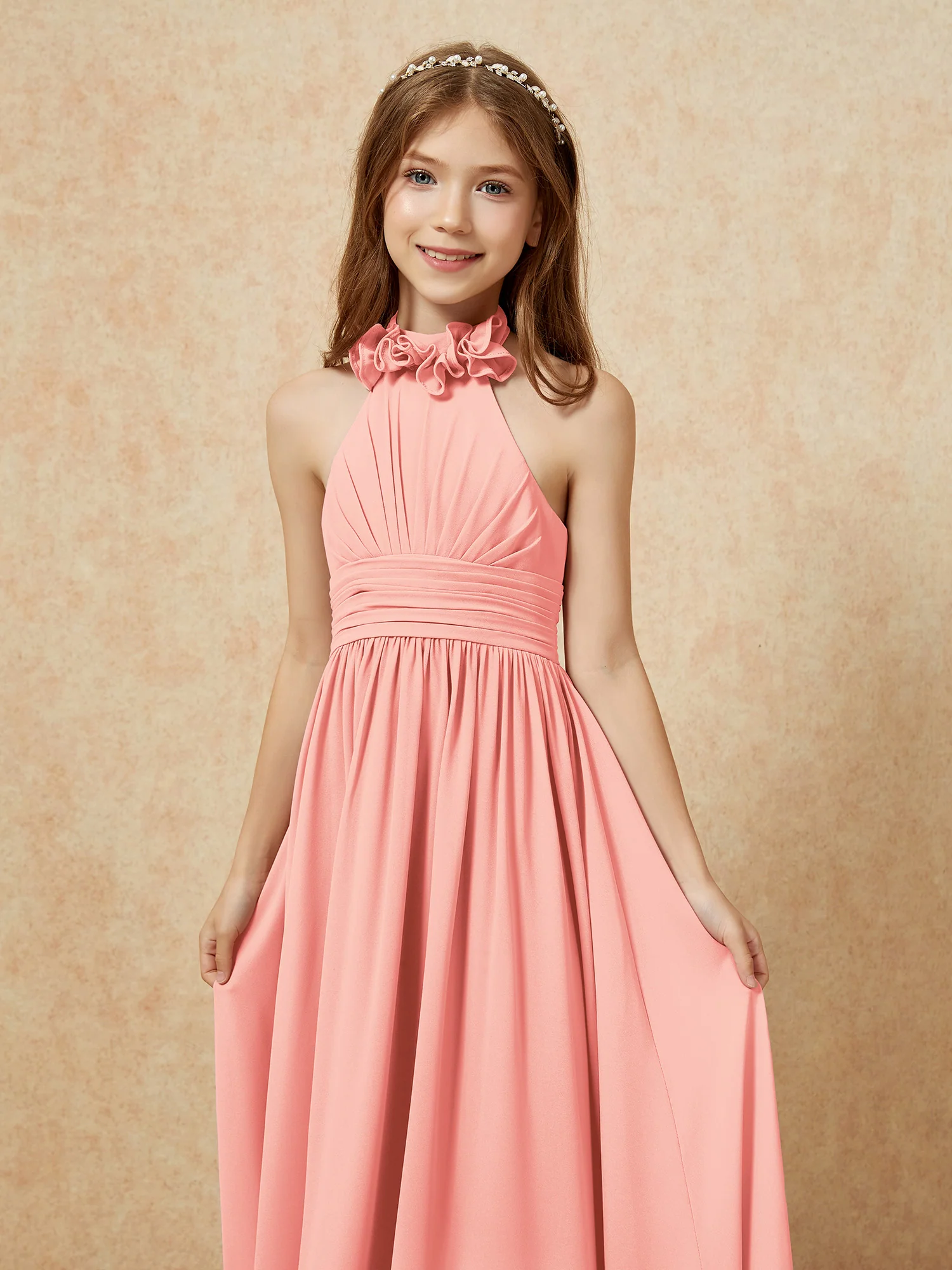Halter Backless Chiffon Long Junior Bridesmaid Dress Coral - Image 6