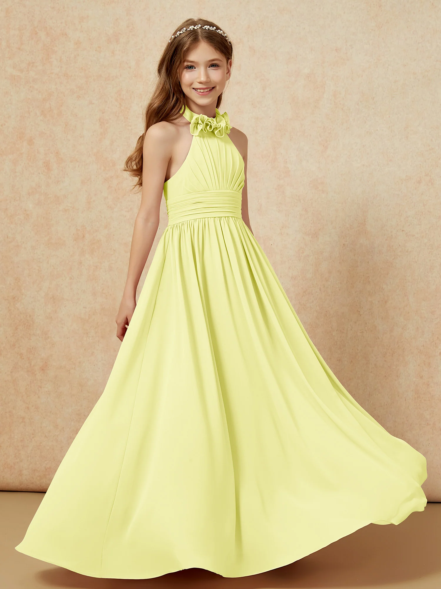 Halter Backless Chiffon Long Junior Bridesmaid Dress Daffodil
