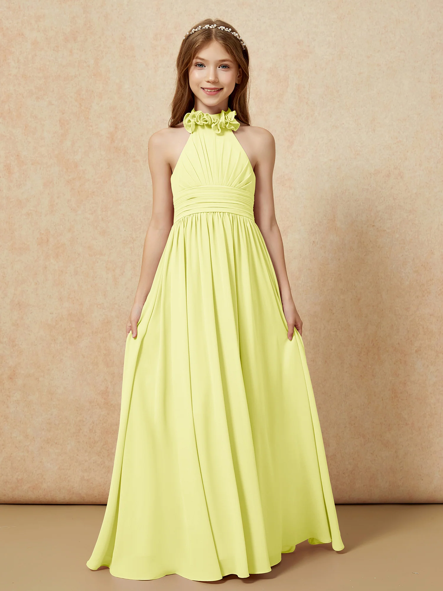 Halter Backless Chiffon Long Junior Bridesmaid Dress Daffodil - Image 4
