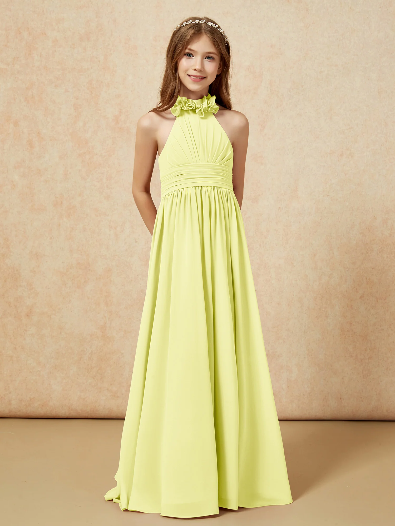 Halter Backless Chiffon Long Junior Bridesmaid Dress Daffodil - Image 5