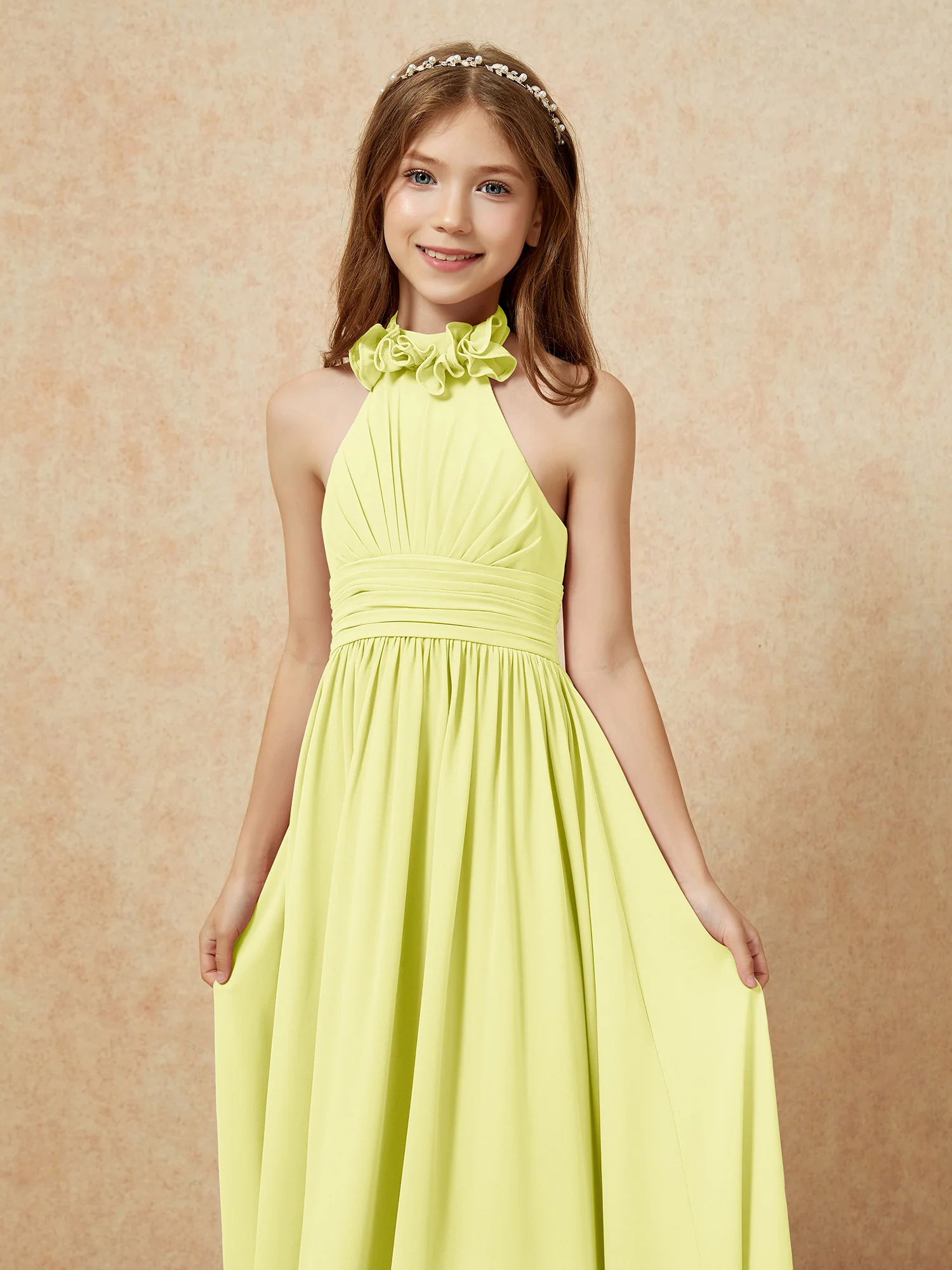 Halter Backless Chiffon Long Junior Bridesmaid Dress Daffodil - Image 6