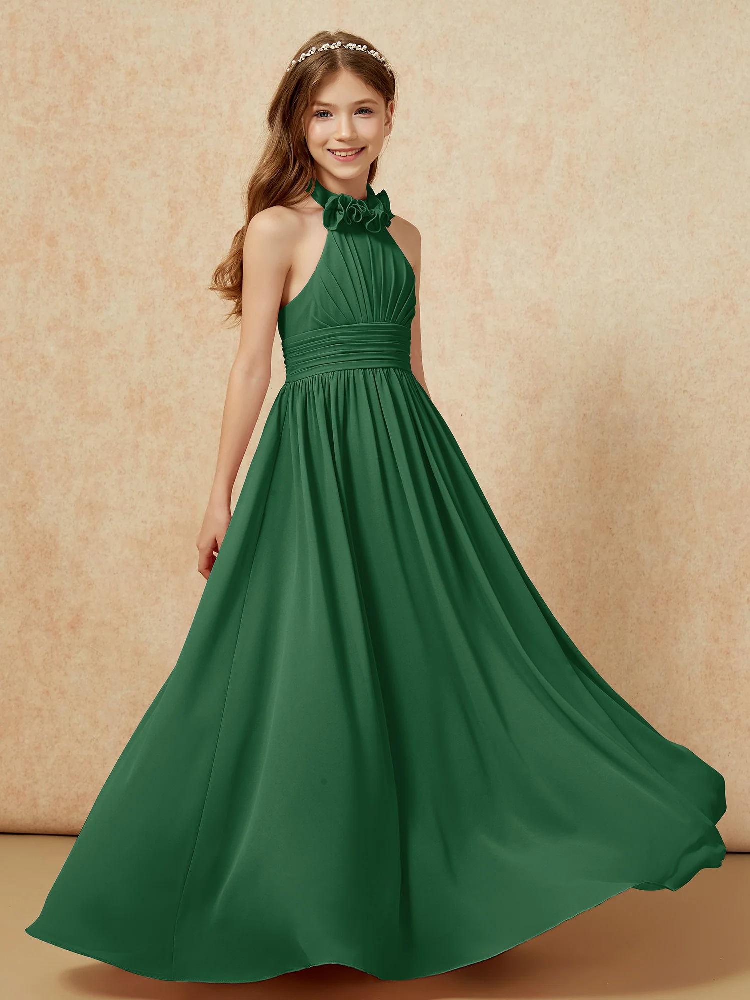 Halter Backless Chiffon Long Junior Bridesmaid Dress Dark Green