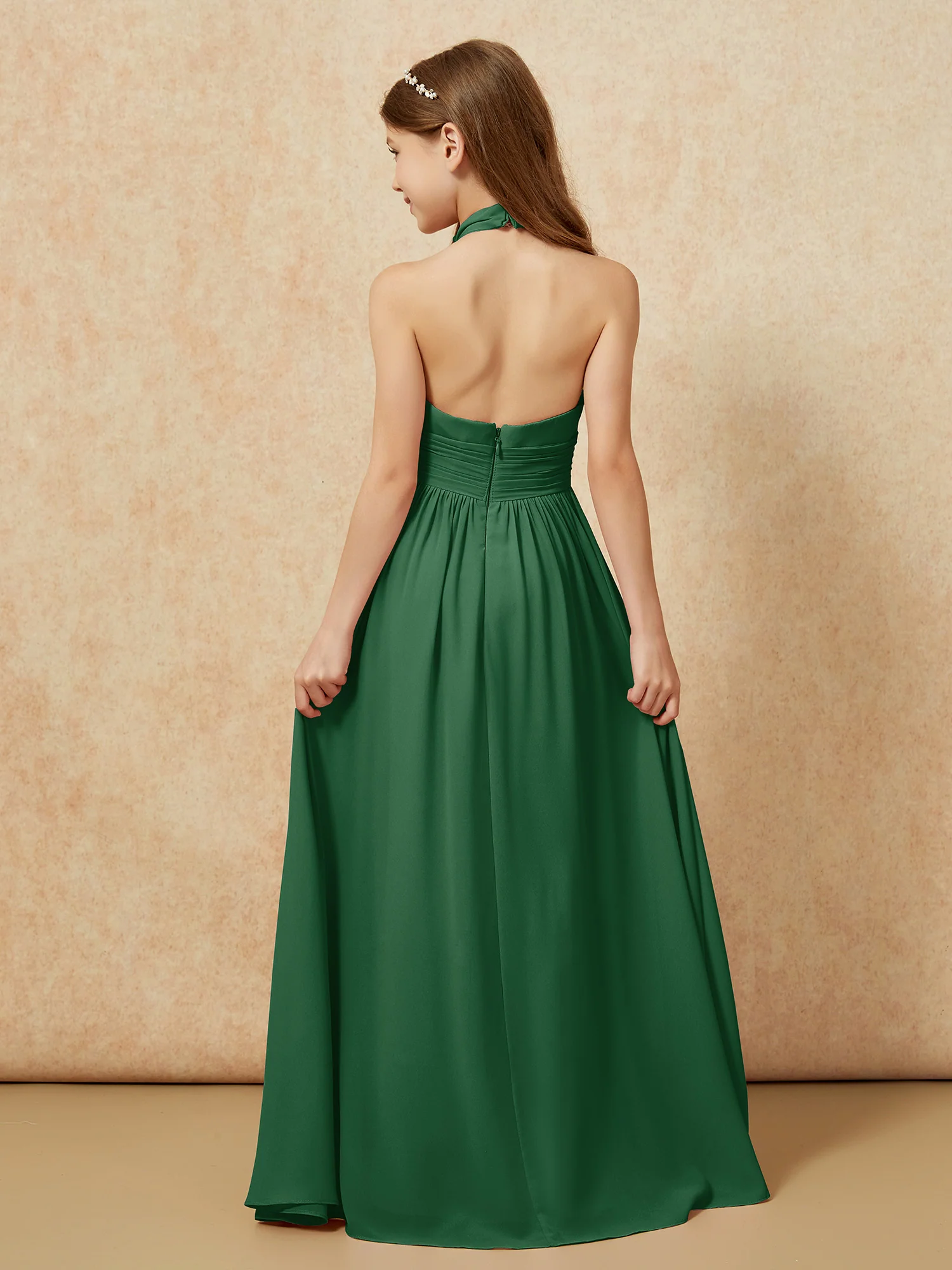Halter Backless Chiffon Long Junior Bridesmaid Dress Dark Green - Image 2