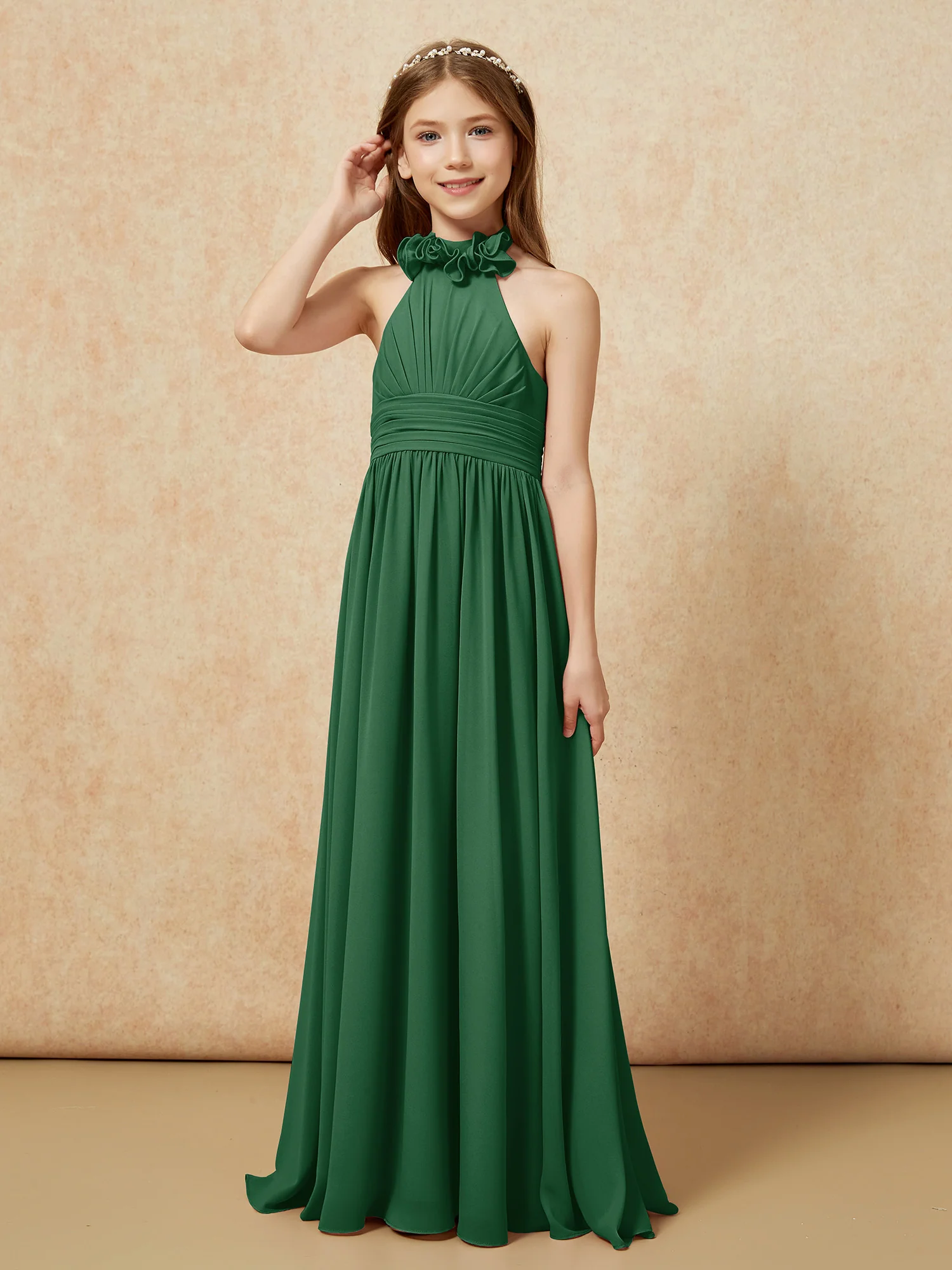 Halter Backless Chiffon Long Junior Bridesmaid Dress Dark Green - Image 3