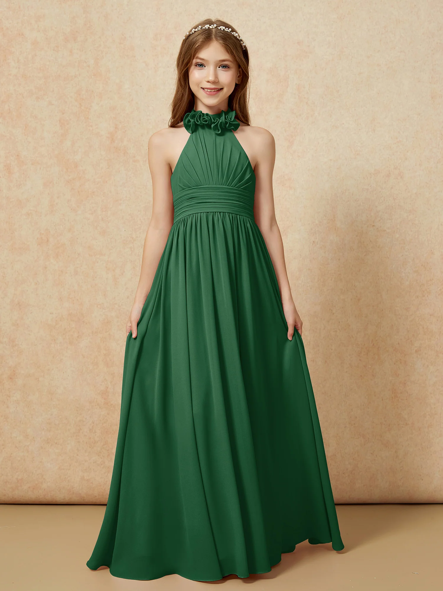 Halter Backless Chiffon Long Junior Bridesmaid Dress Dark Green - Image 4