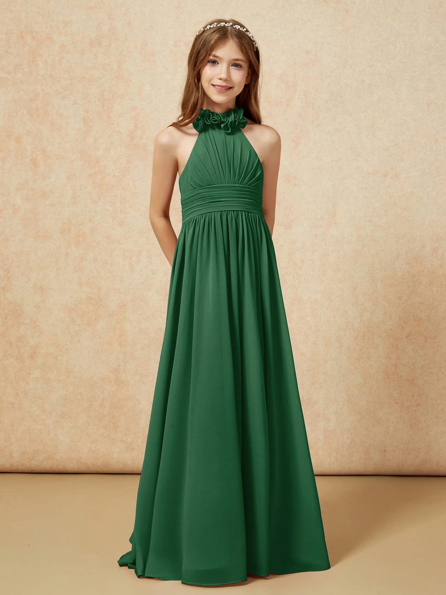 Halter Backless Chiffon Long Junior Bridesmaid Dress Dark Green - Image 5