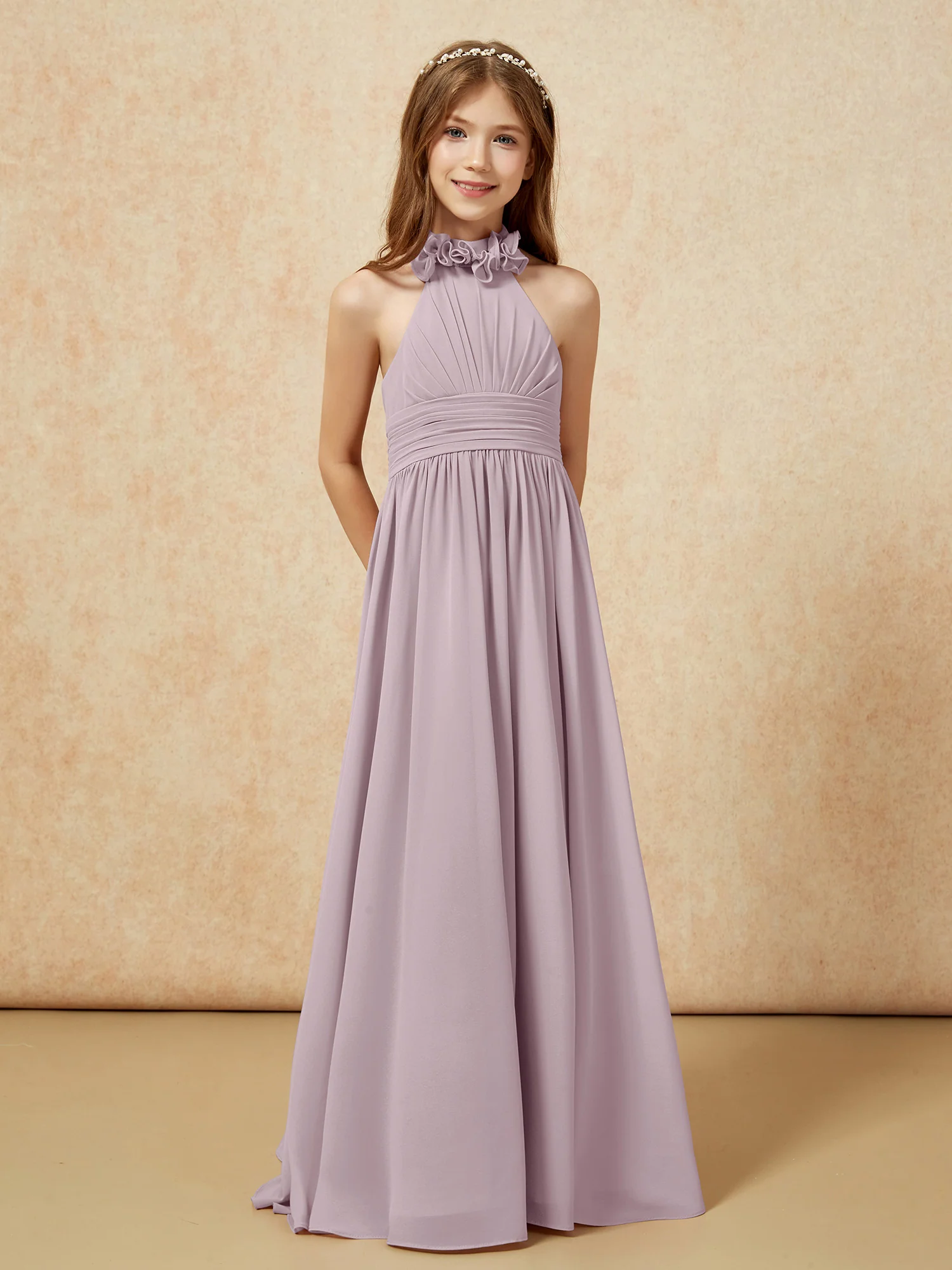 Halter Backless Chiffon Long Junior Bridesmaid Dress Dusk - Image 5