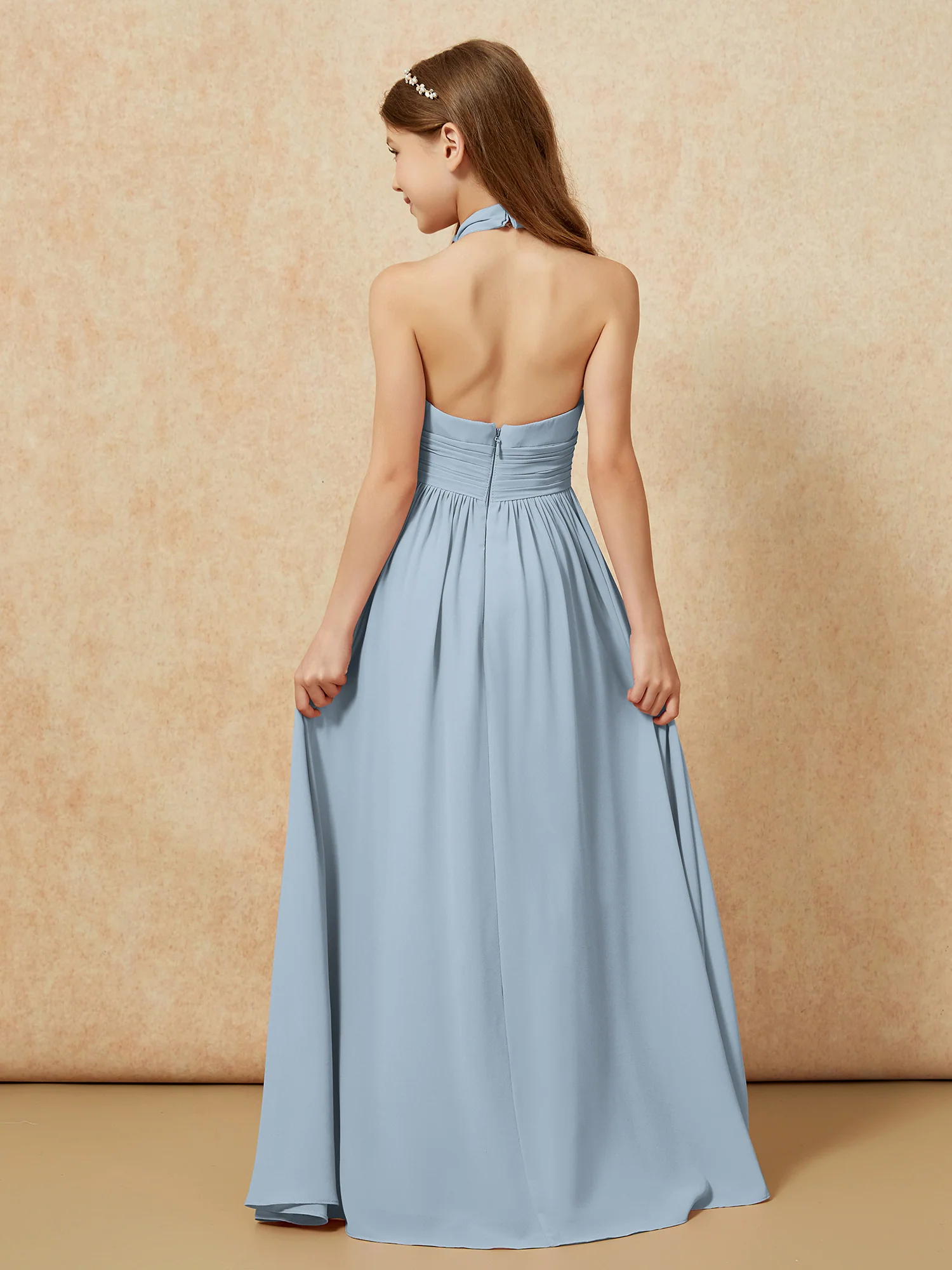 Halter Backless Chiffon Long Junior Bridesmaid Dress Dusty Blue - Image 2