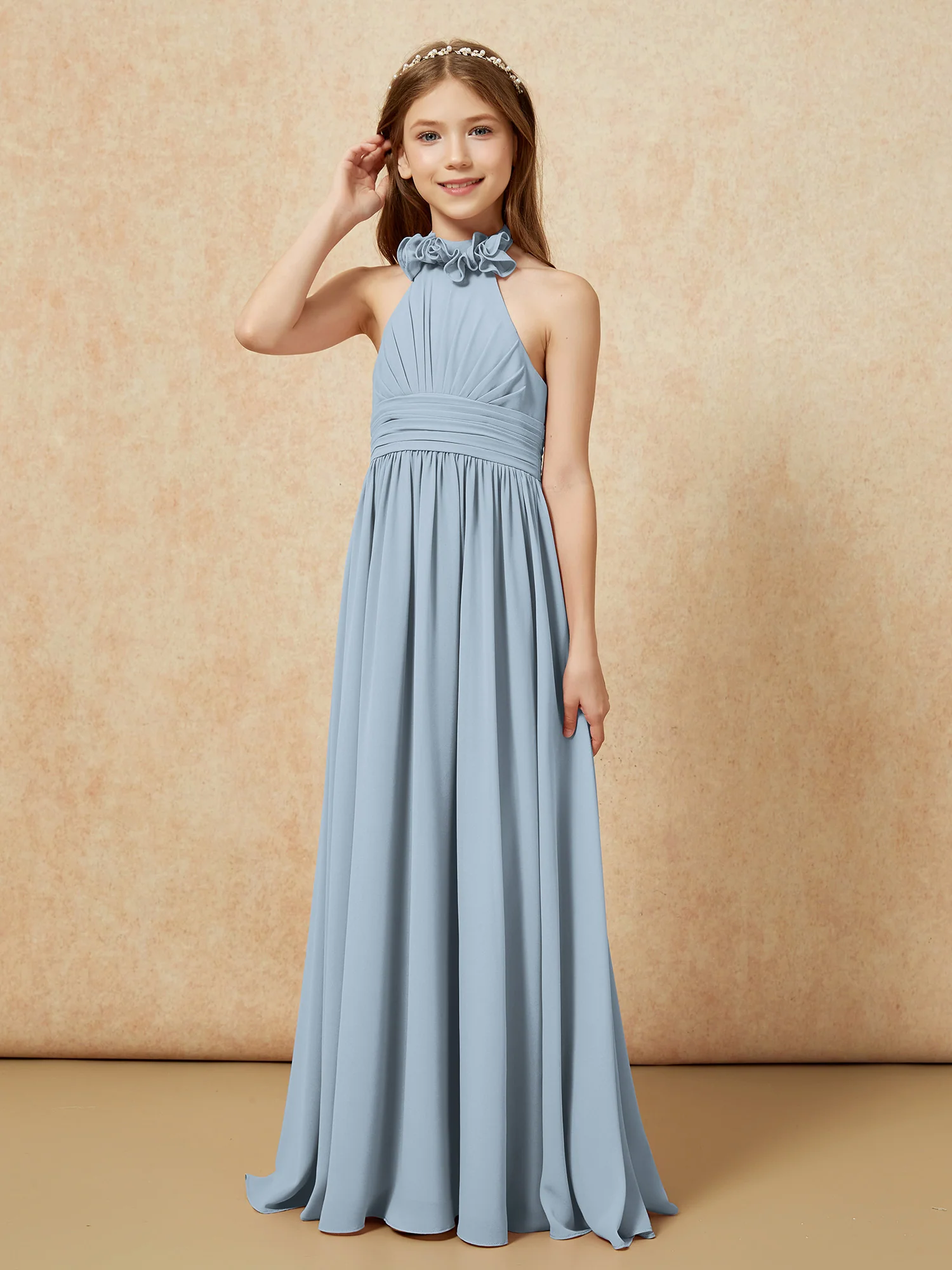 Halter Backless Chiffon Long Junior Bridesmaid Dress Dusty Blue - Image 3