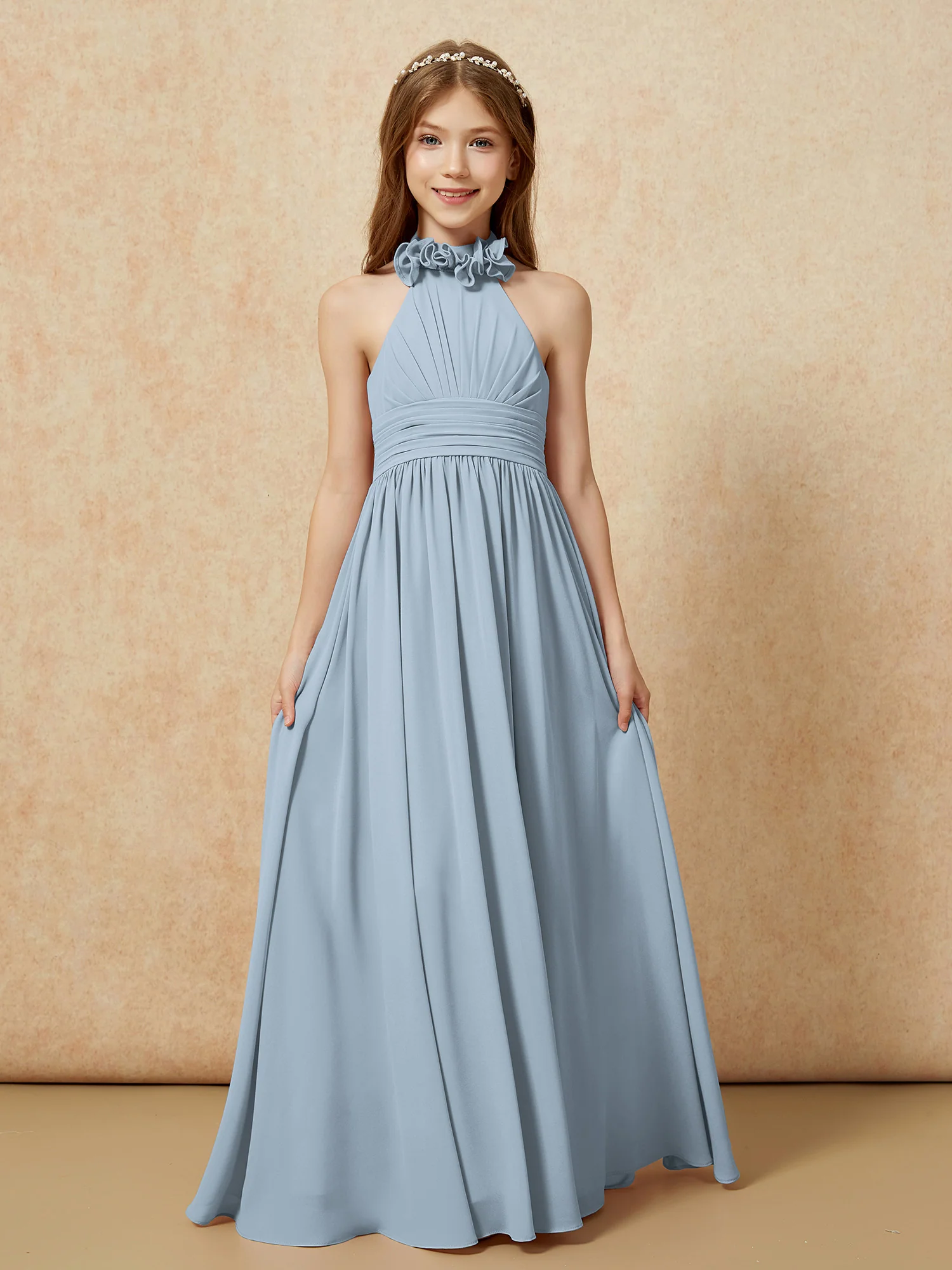 Halter Backless Chiffon Long Junior Bridesmaid Dress Dusty Blue - Image 4