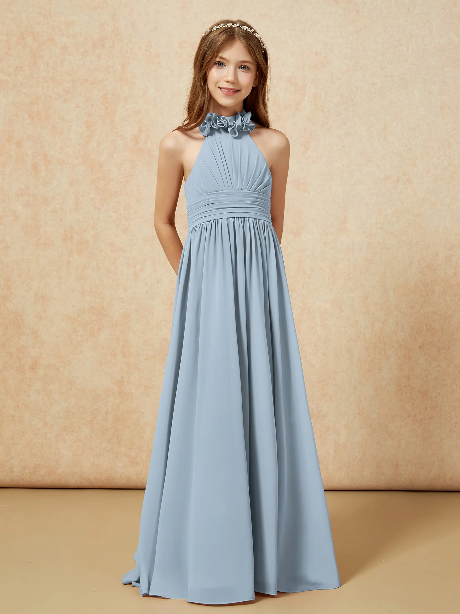Halter Backless Chiffon Long Junior Bridesmaid Dress Dusty Blue - Image 5