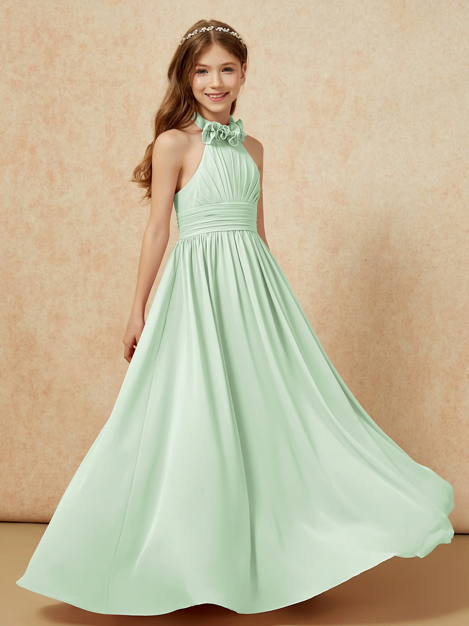 Halter Backless Chiffon Long Junior Bridesmaid Dress Dusty Sage
